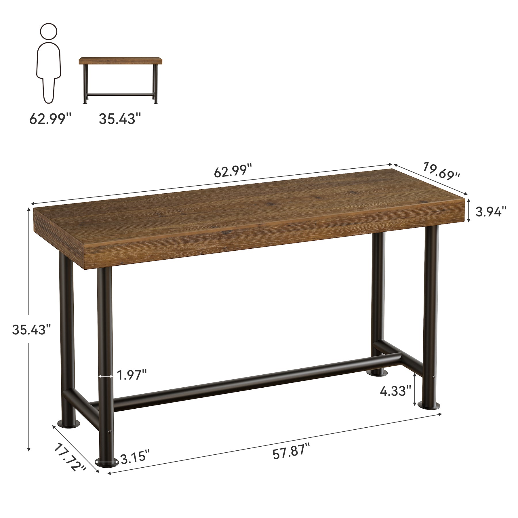 63" Solid Wood Bar Table, Rectangular Counter Height Pub Table for Kitchen