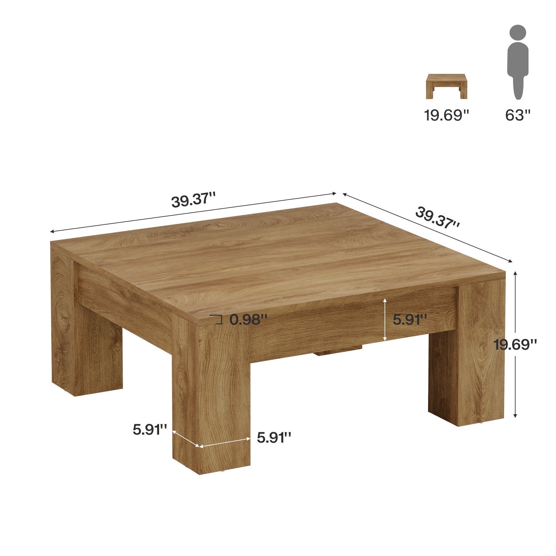 Square Coffee Table, 39" Farmhouse Center Table with Sturdy Legs