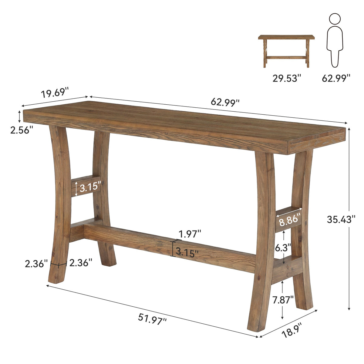 63" Solid Wood Bar Table, Farmhouse Counter Height Pub Table for Kitchen, Bistro