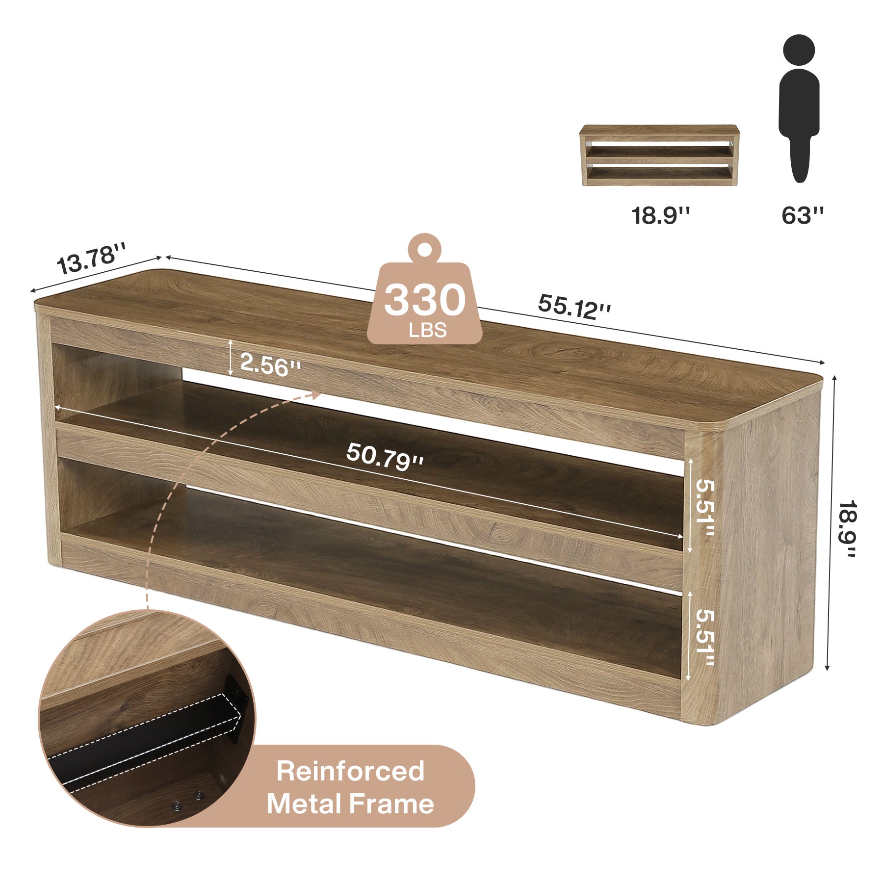55" Entryway Bench, 3-Tier Shoe Bench End of Bed Seat for Hallway, Bedroom