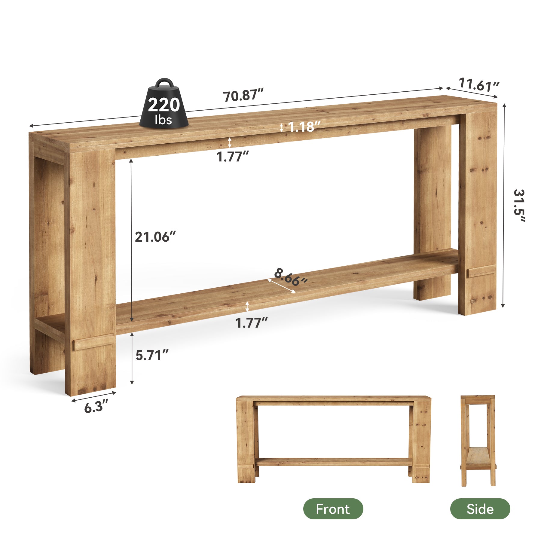 70.9" Solid Wood Console Table, 2-Tier Entryway Sofa Table for Hallway
