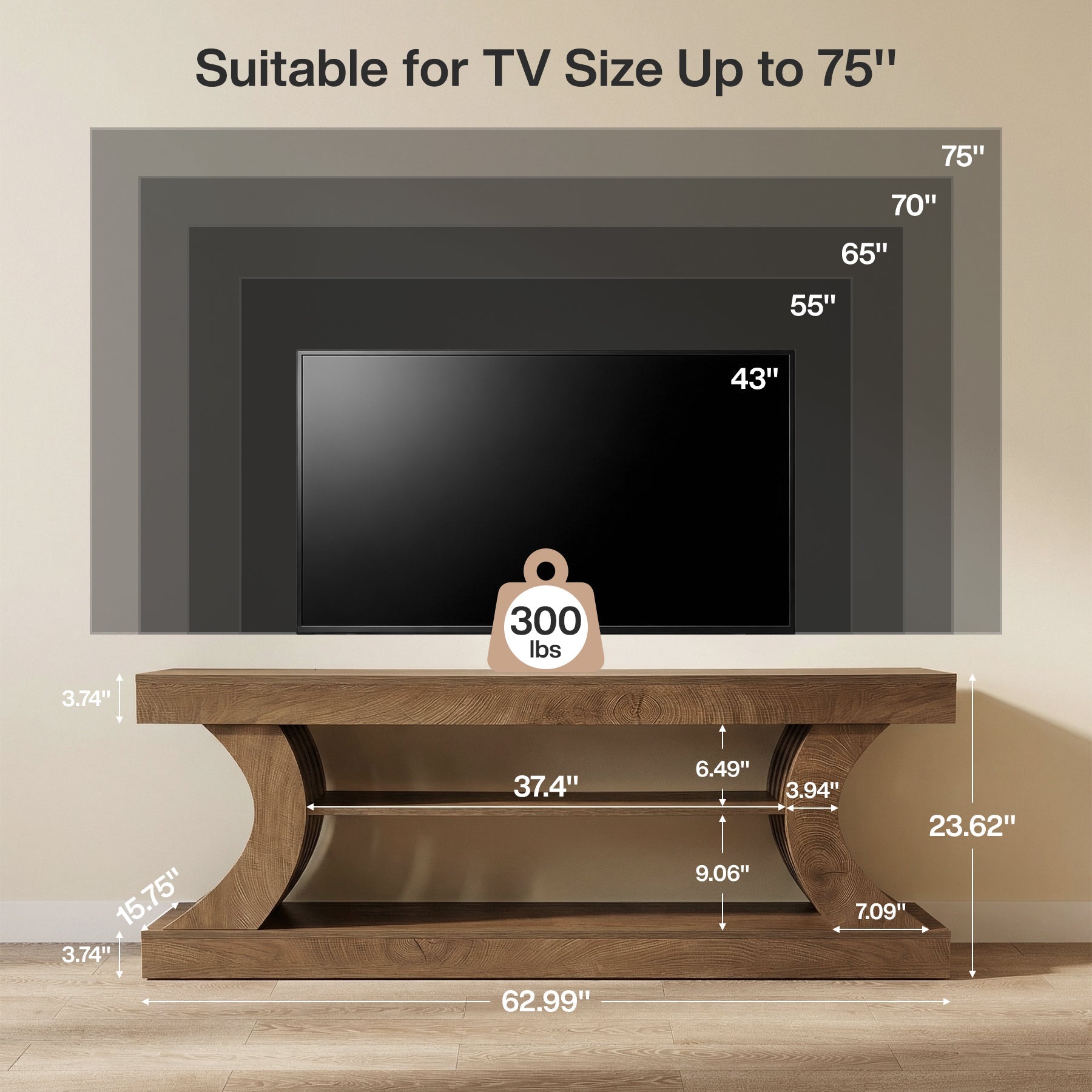 63" TV Stand with 3-Tier Storage Shelf, Entertainment Center for TVs up to 75"