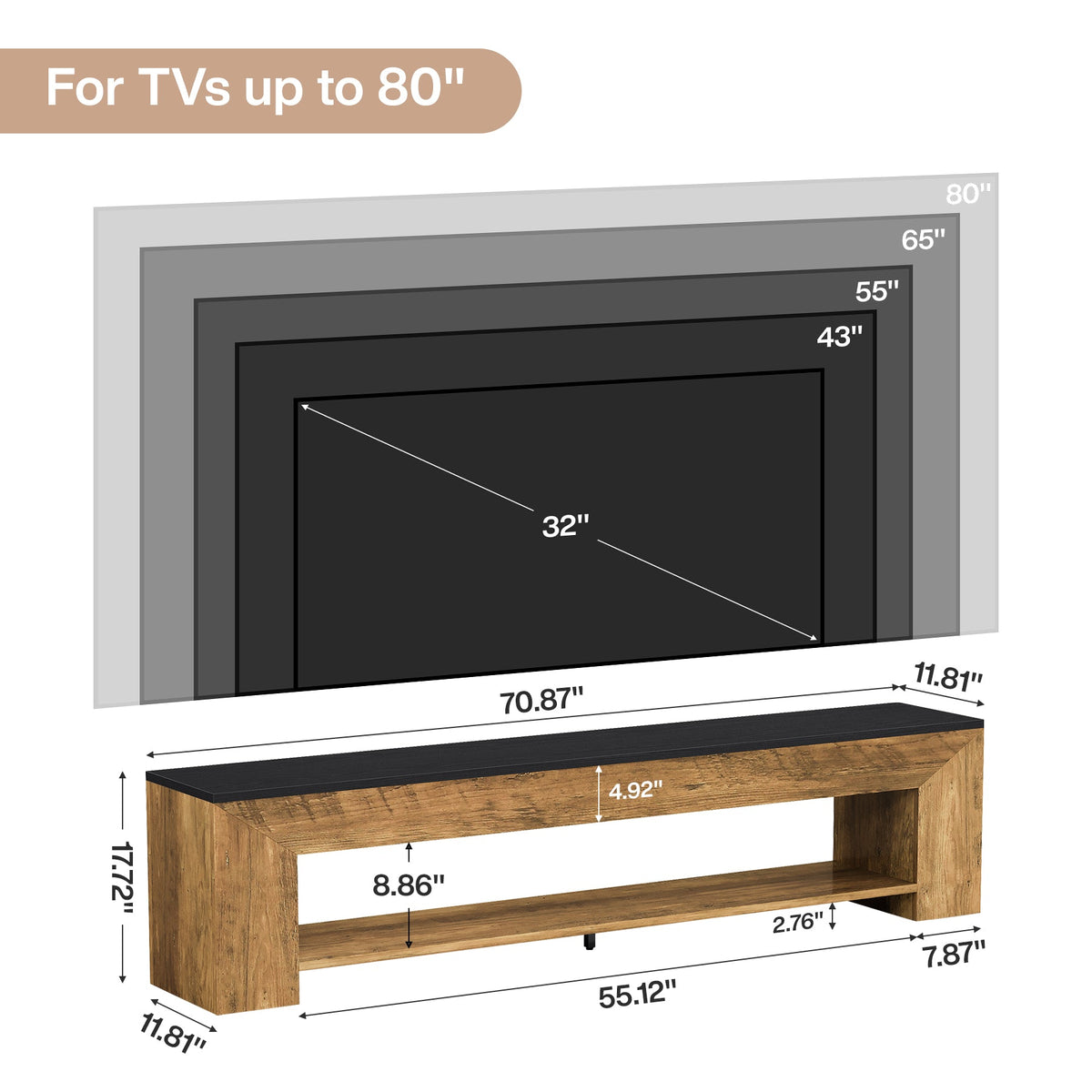 71" TV Stand, Large Entertainment Center with Shelf for TVs up to 80"