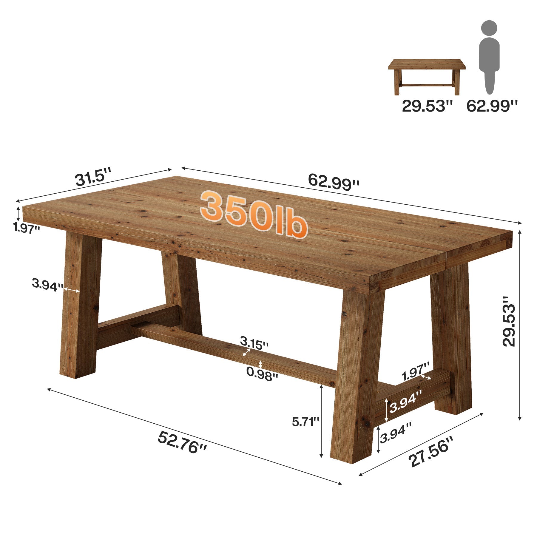 63" Farmhouse Computer Desk, Solid Wood Home Office Desk with Thick Tabletop
