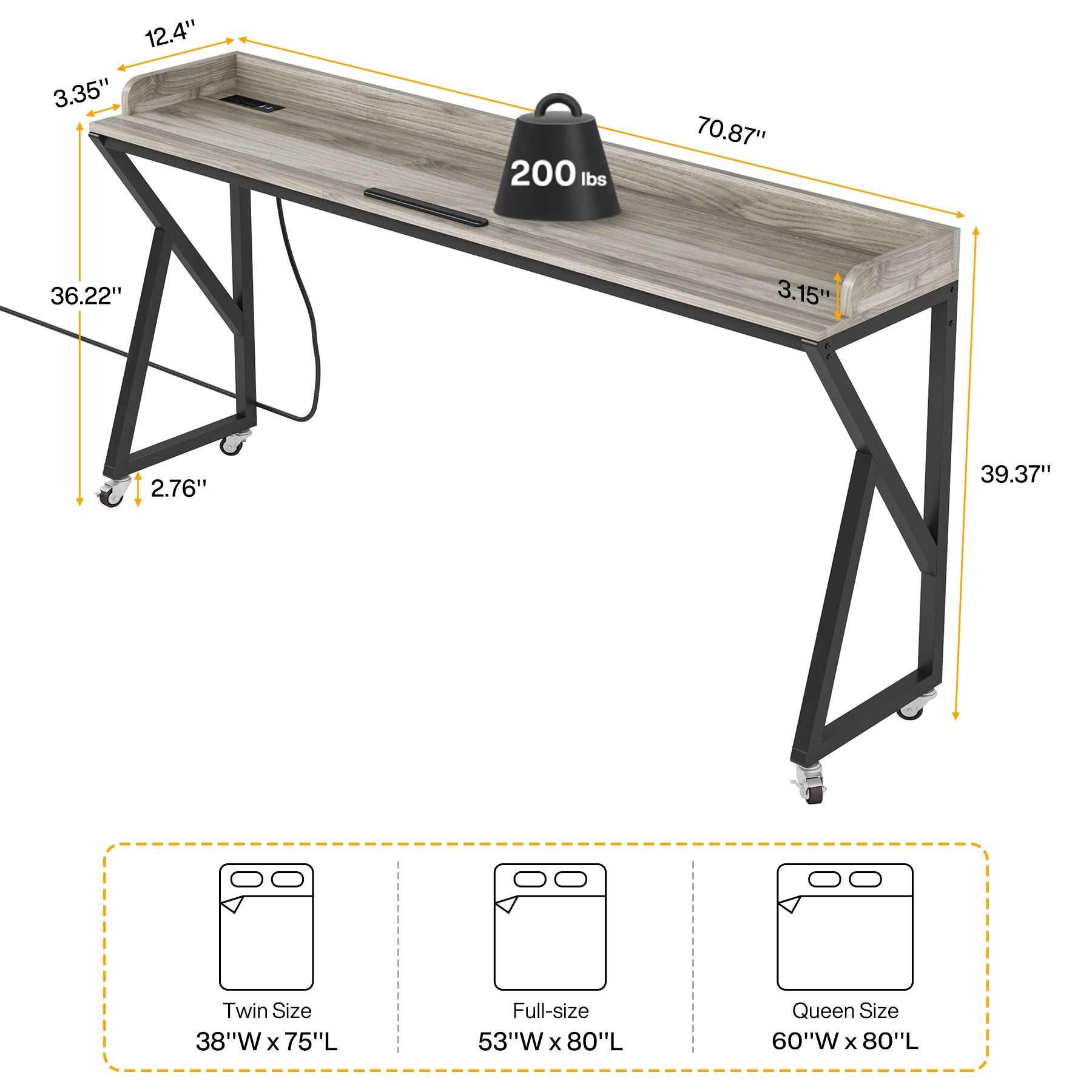 Mobile Overbed Table, 70.9" Over Bed Desk with Adjustable Tilt Board