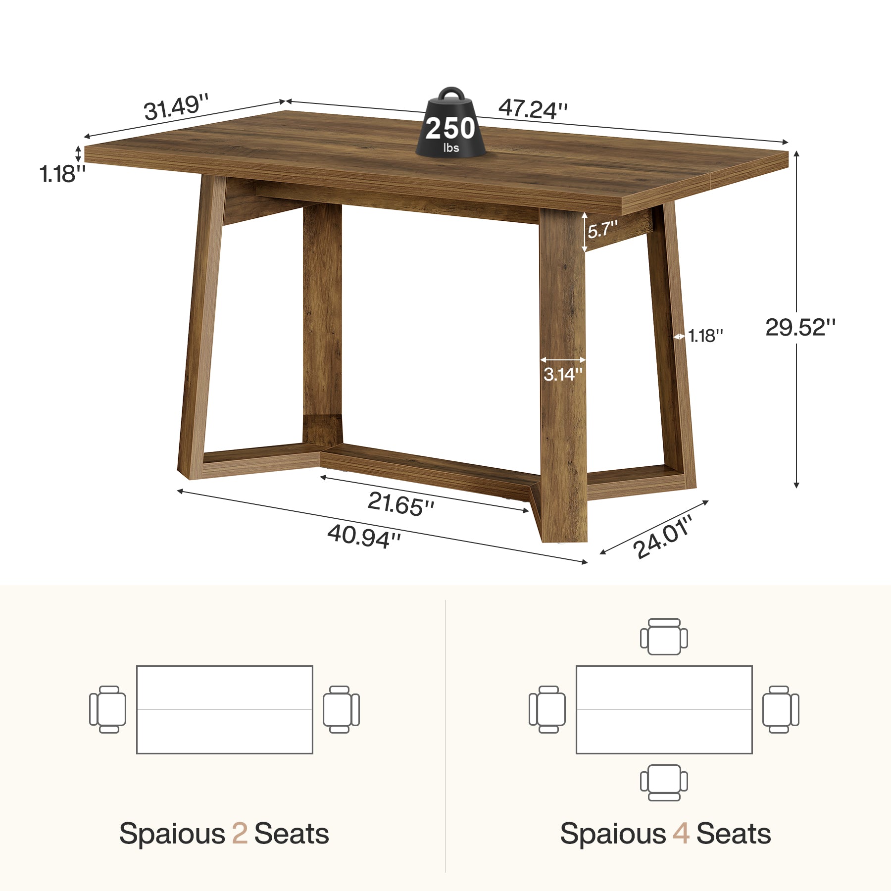 47" Dining Table for 4, Rectangular Kitchen Table with Sturdy Base