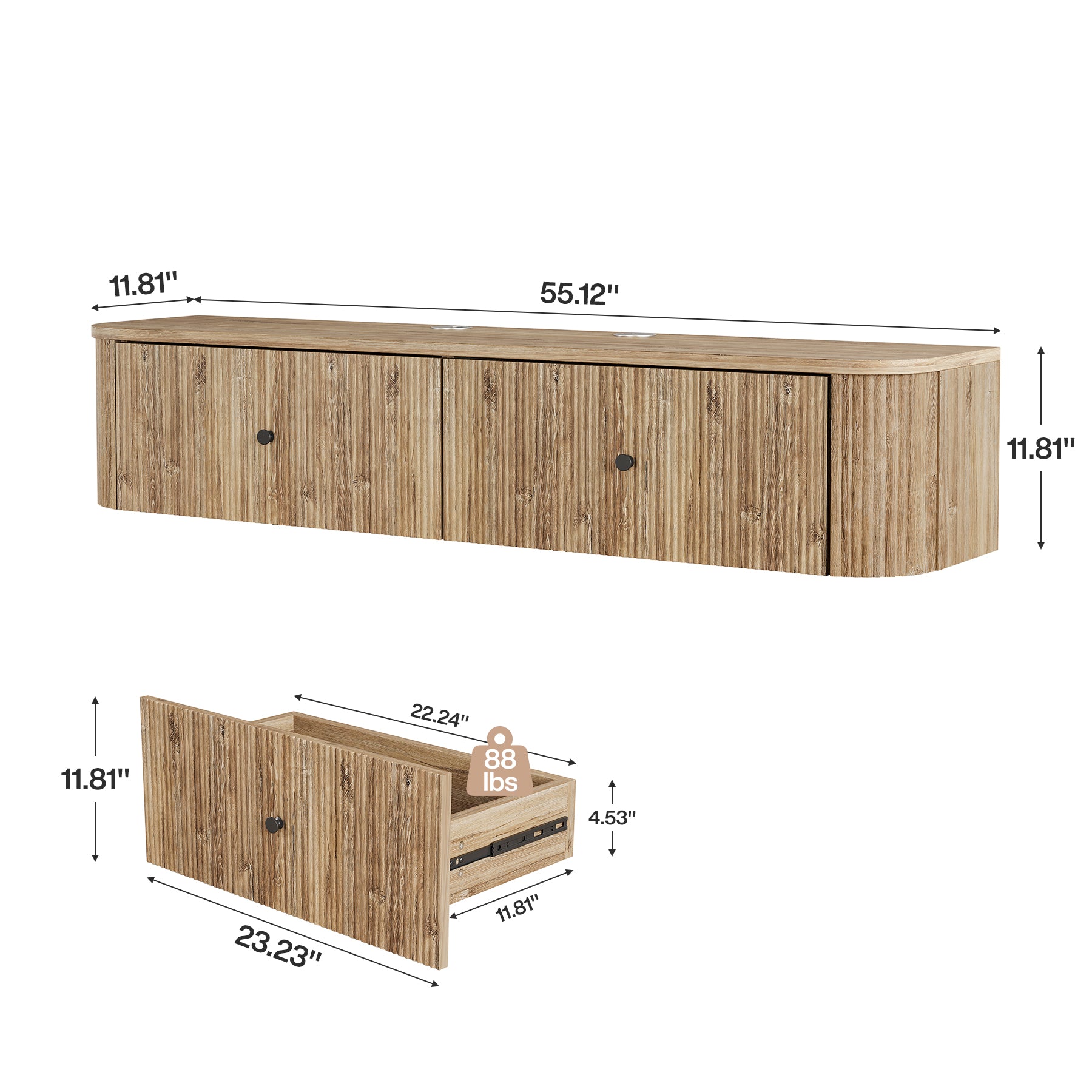 55" Floating TV Stand, Wall Mounted TV Console with 2 Fluted Drawers