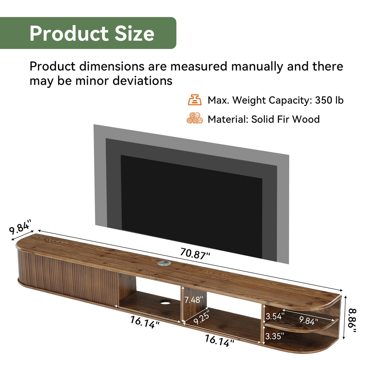 71" Floating TV Stand with Fluted Doors, Solid Wood Media Console with Cable Management for 50-90" TVs