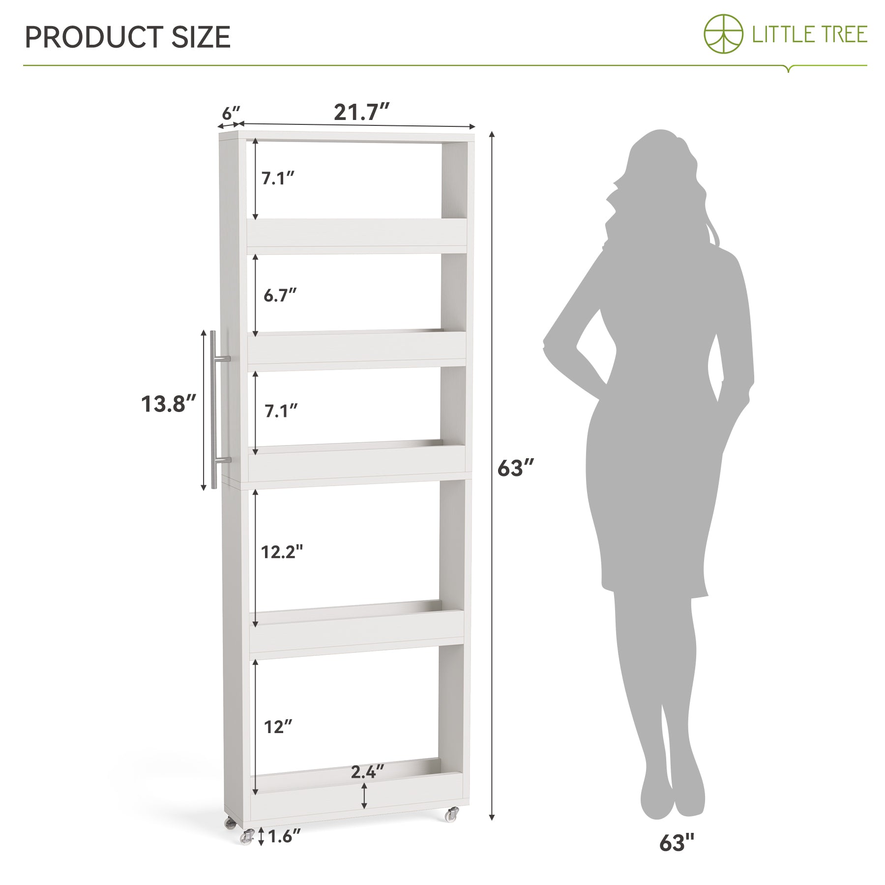 63" Slim Storage Cart on Wheels, 5-Tier Tall Narrow Mobile Shelf Organizer