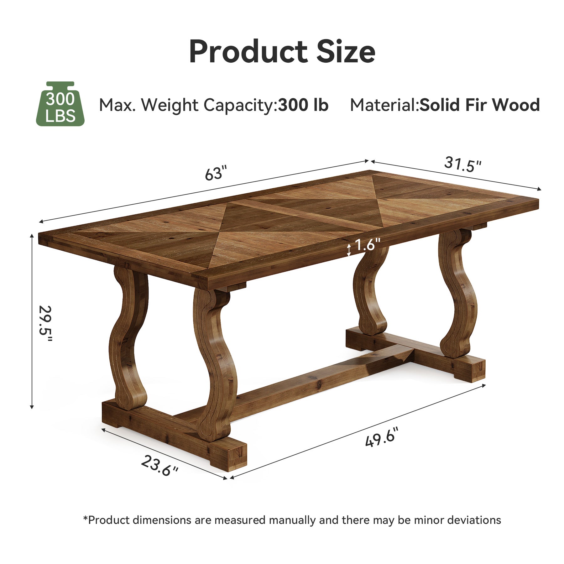 63" Solid Wood Executive Desk, Farmhouse Computer Desk with Parquetry Top & Scroll Legs for Home Office