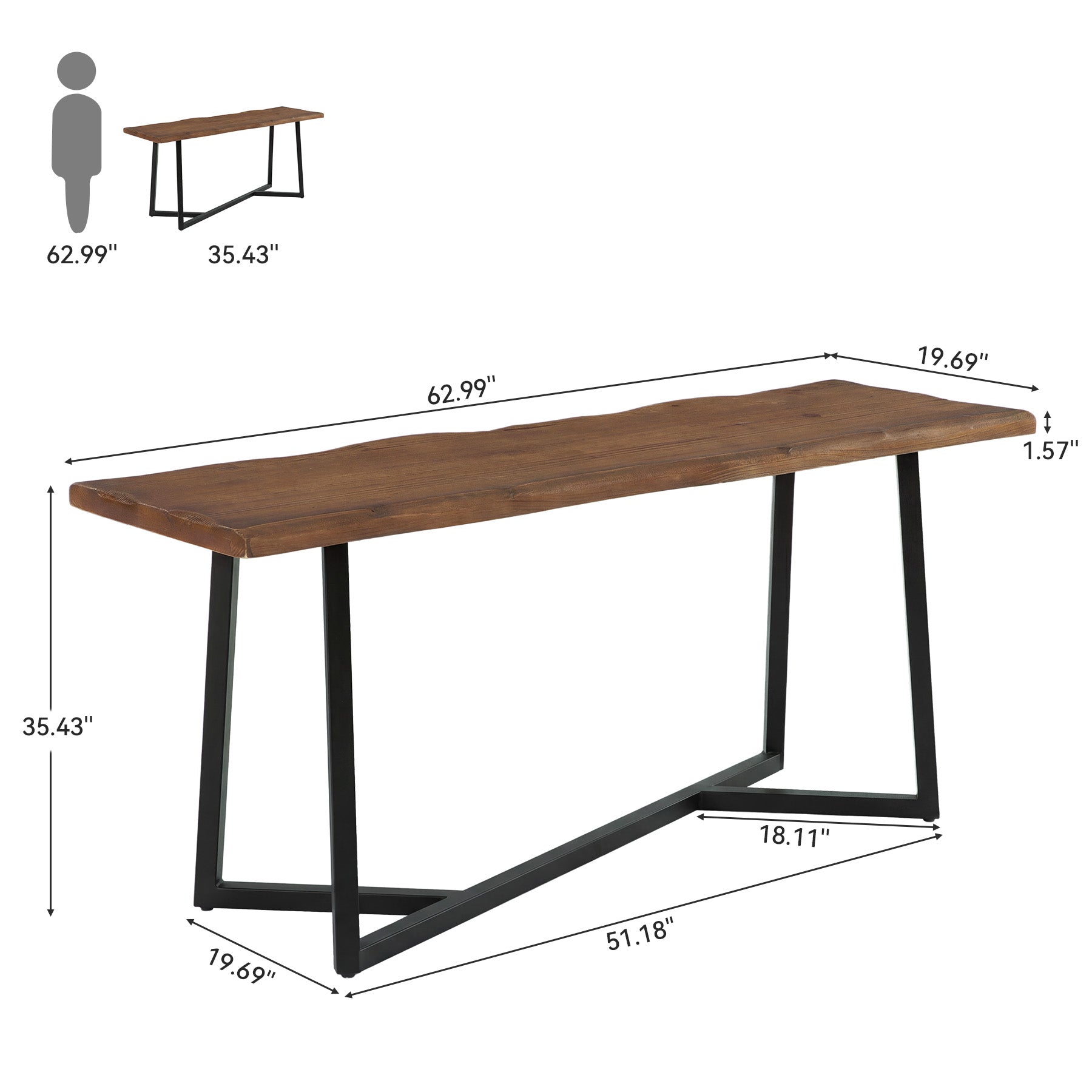 Solid Wood Bar Table,  63" Counter Height Pub Table with Sturdy Metal Frame
