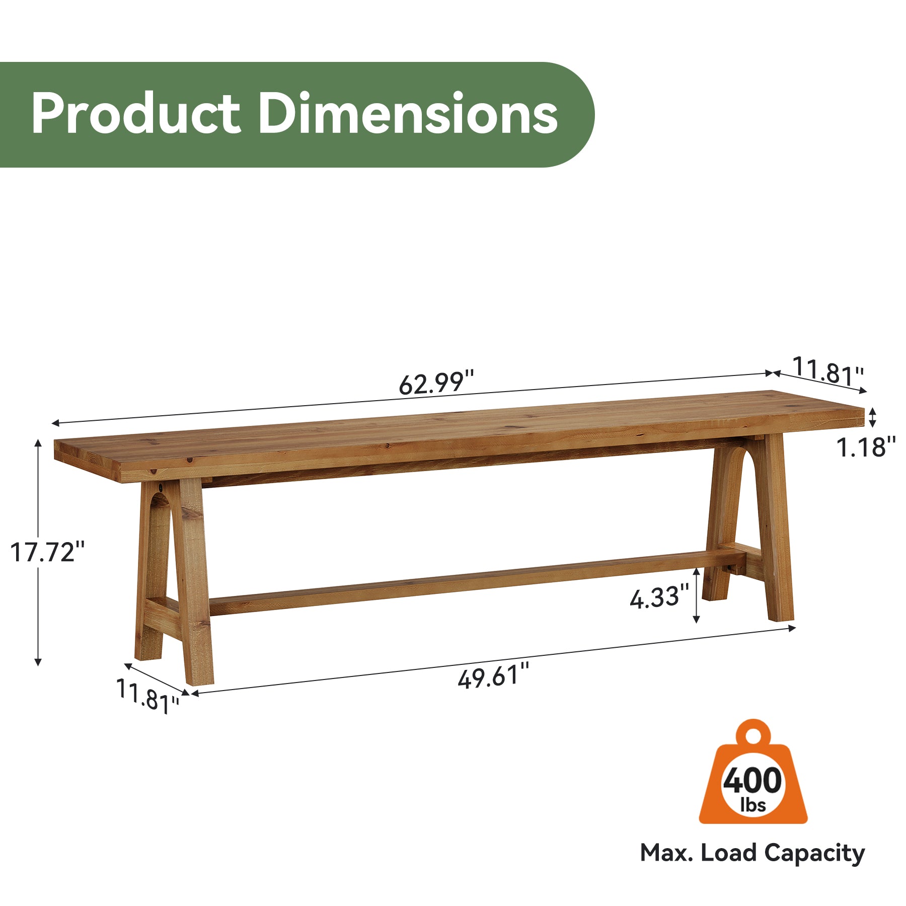 63" Solid Wood Dining Bench, Farmhouse Kitchen Bench for Dining Room, Kitchen