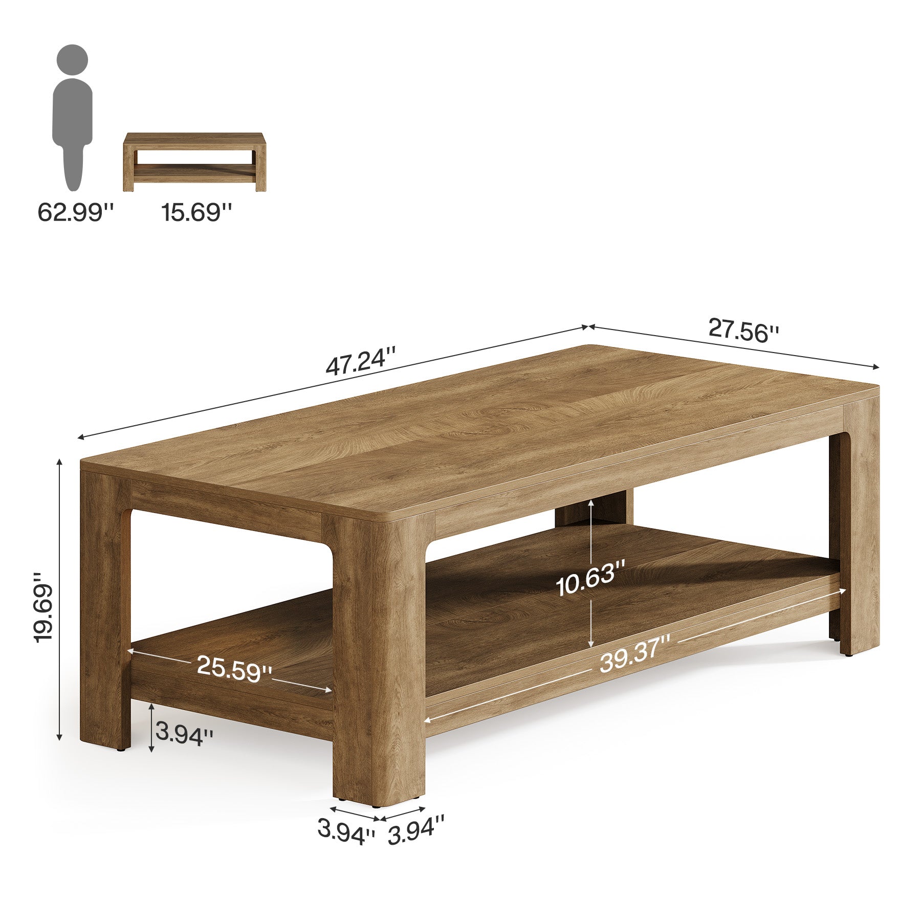 47.24" Coffee Table with 2-Tier Storage, Rectangular Center Table for Living Room