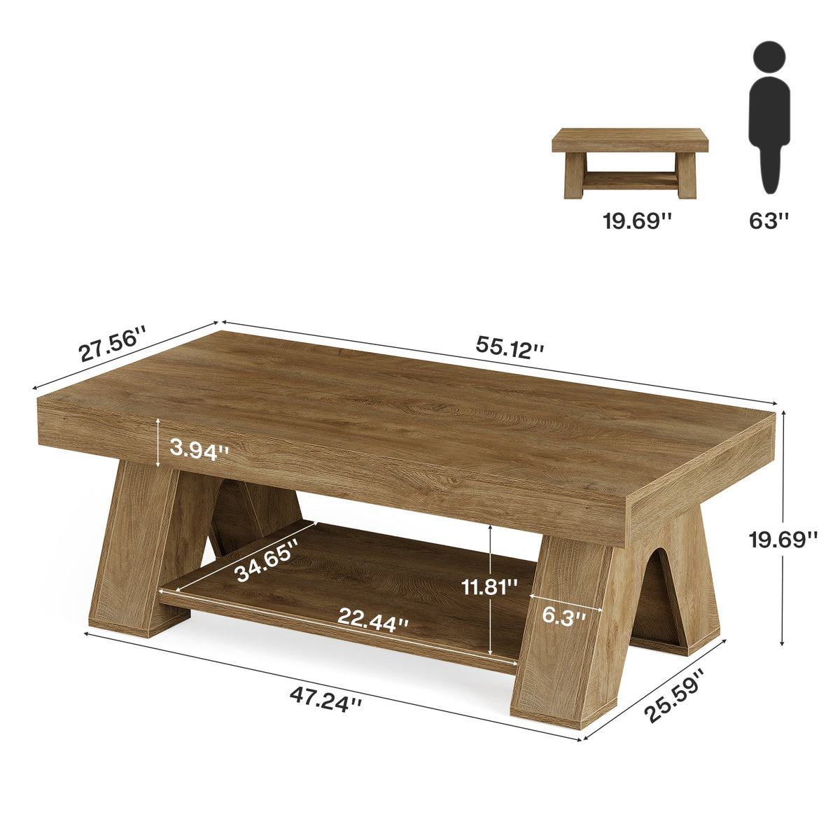 55.1" Farmhouse Coffee Table with Storage Shelf, Rectangle Center Table for Living Room