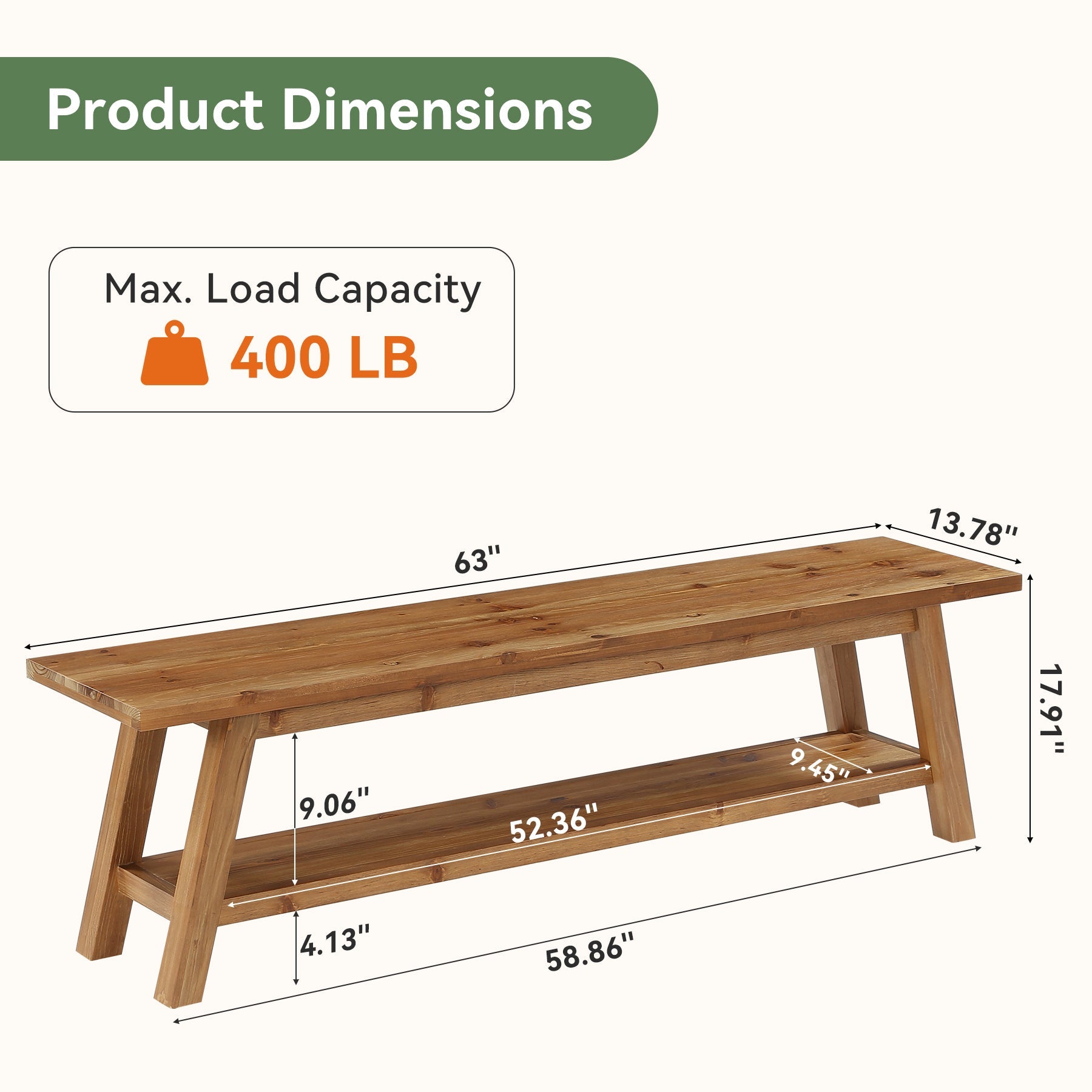 63" Solid Wood Dining Bench, Farmhouse Kitchen Bench Seating with Shelf