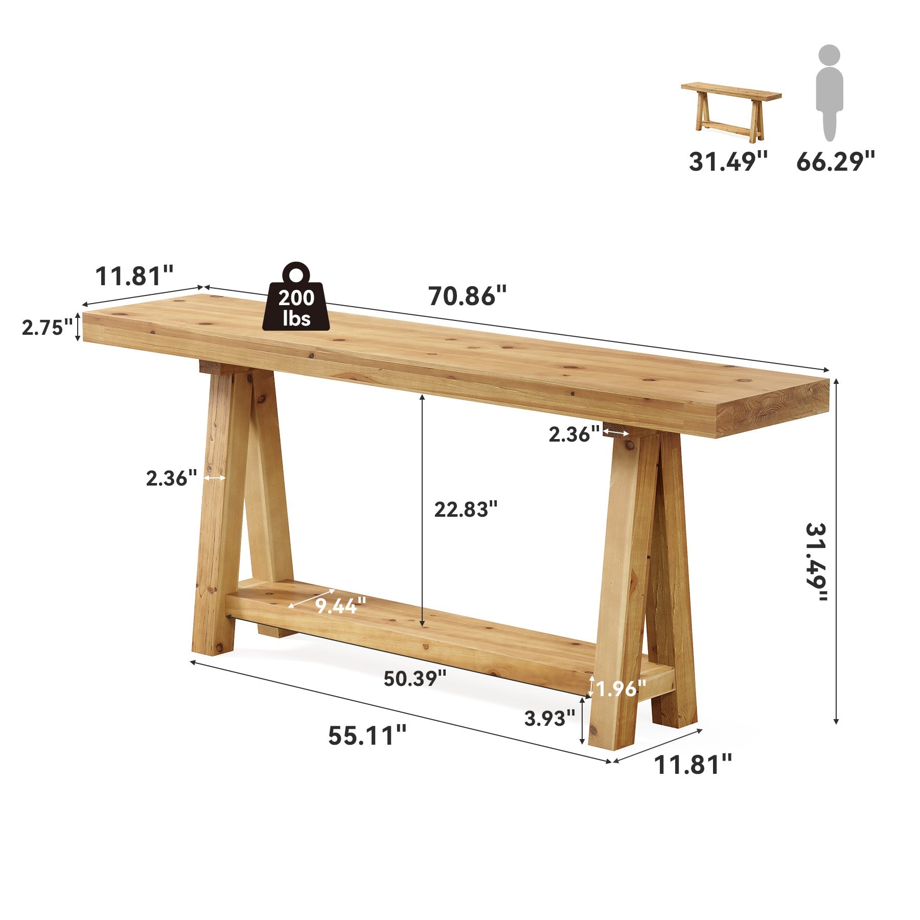 Solid Wood Console Table, 70.87" Sofa Table with Shelves for Entryway