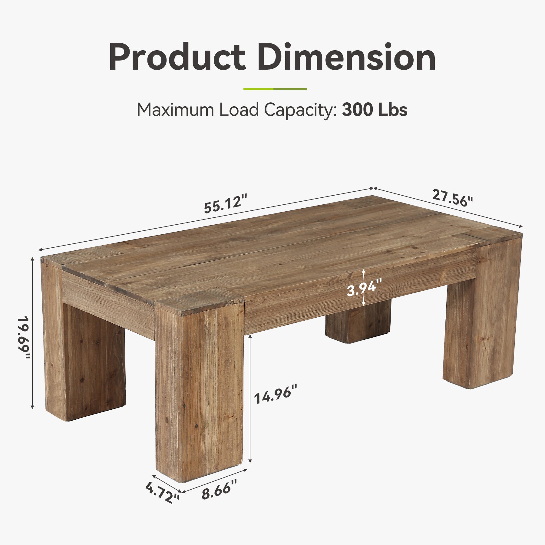 Solid Wood Coffee Table, 55" Rectangle Center Table with Heavy-Duty Legs for Living Room