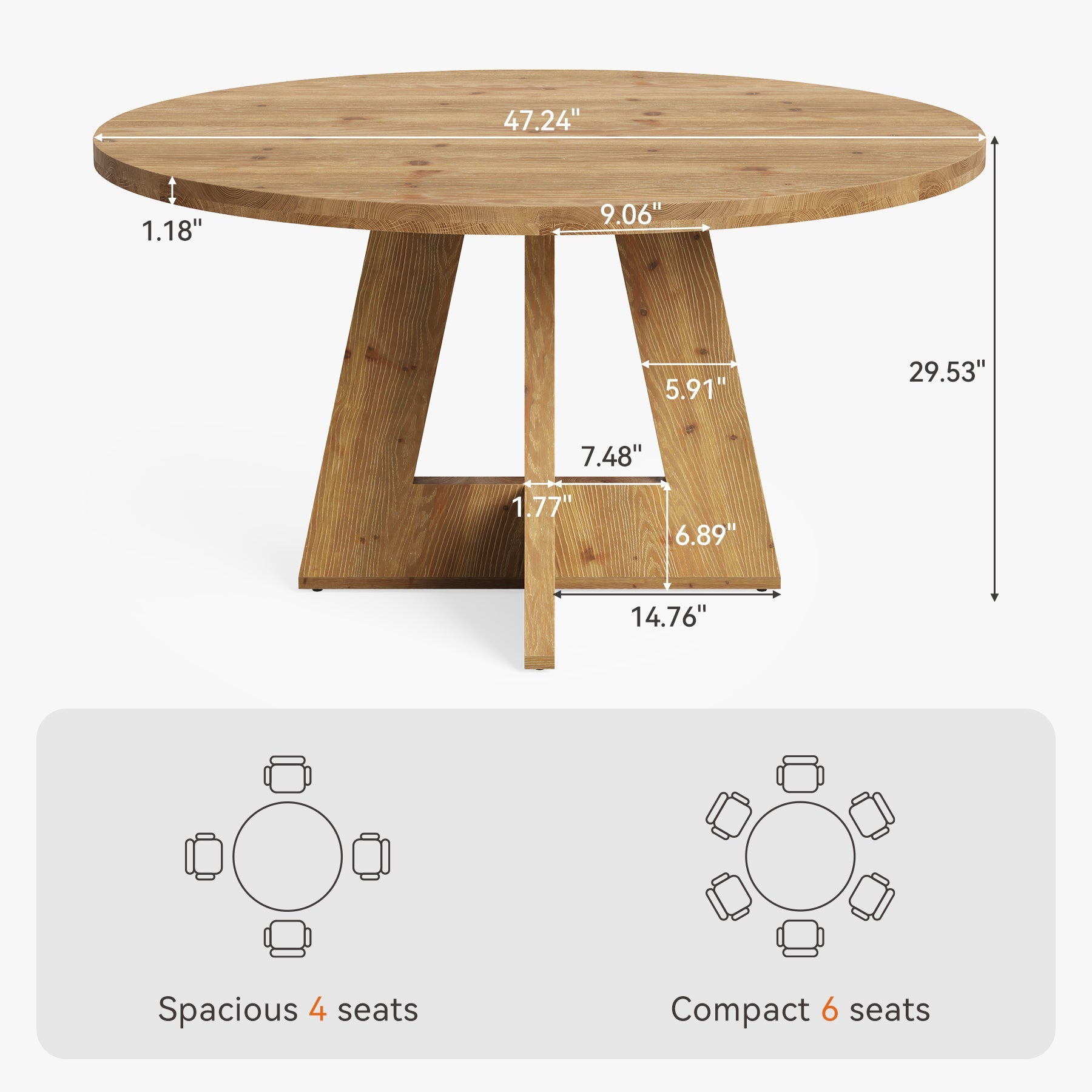 Solid Wood Round Dining Table for 4-6, 47" Farmhouse Kitchen Table for Dining Room