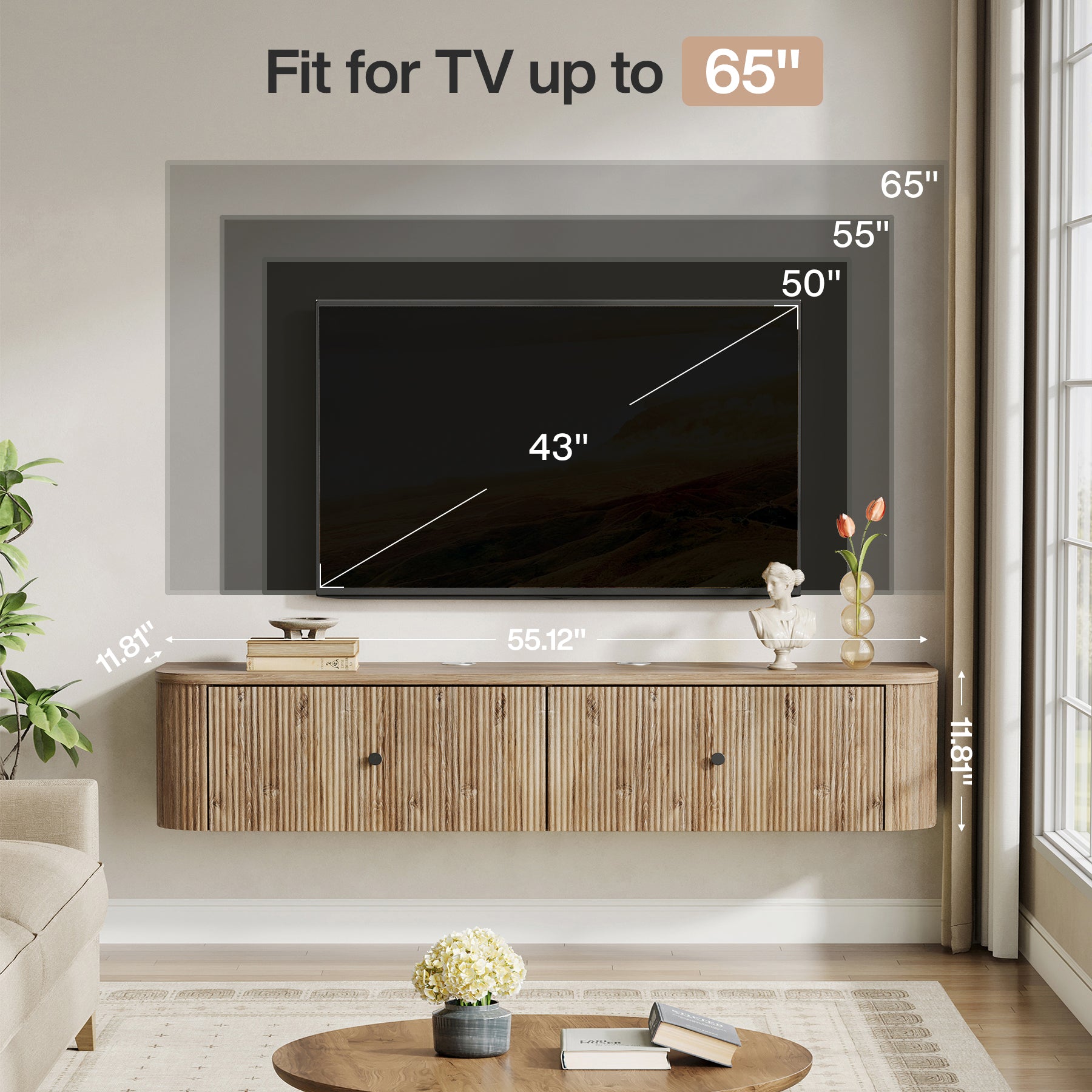 55" Floating TV Stand, Wall Mounted TV Console with 2 Fluted Drawers