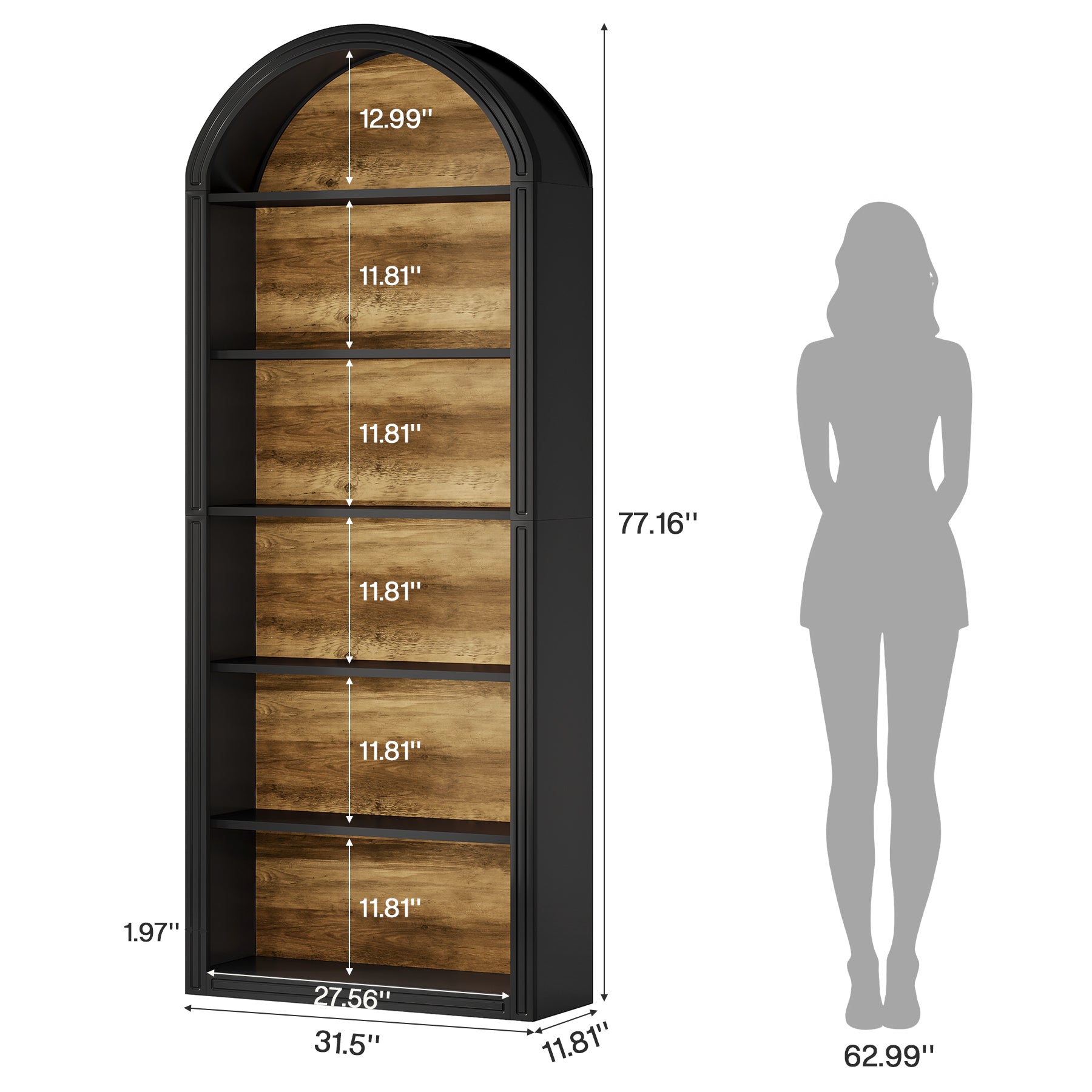 6-Tier / 8-Tier Bookshelf, Wooden Arched Bookcase Display Shelving Unit