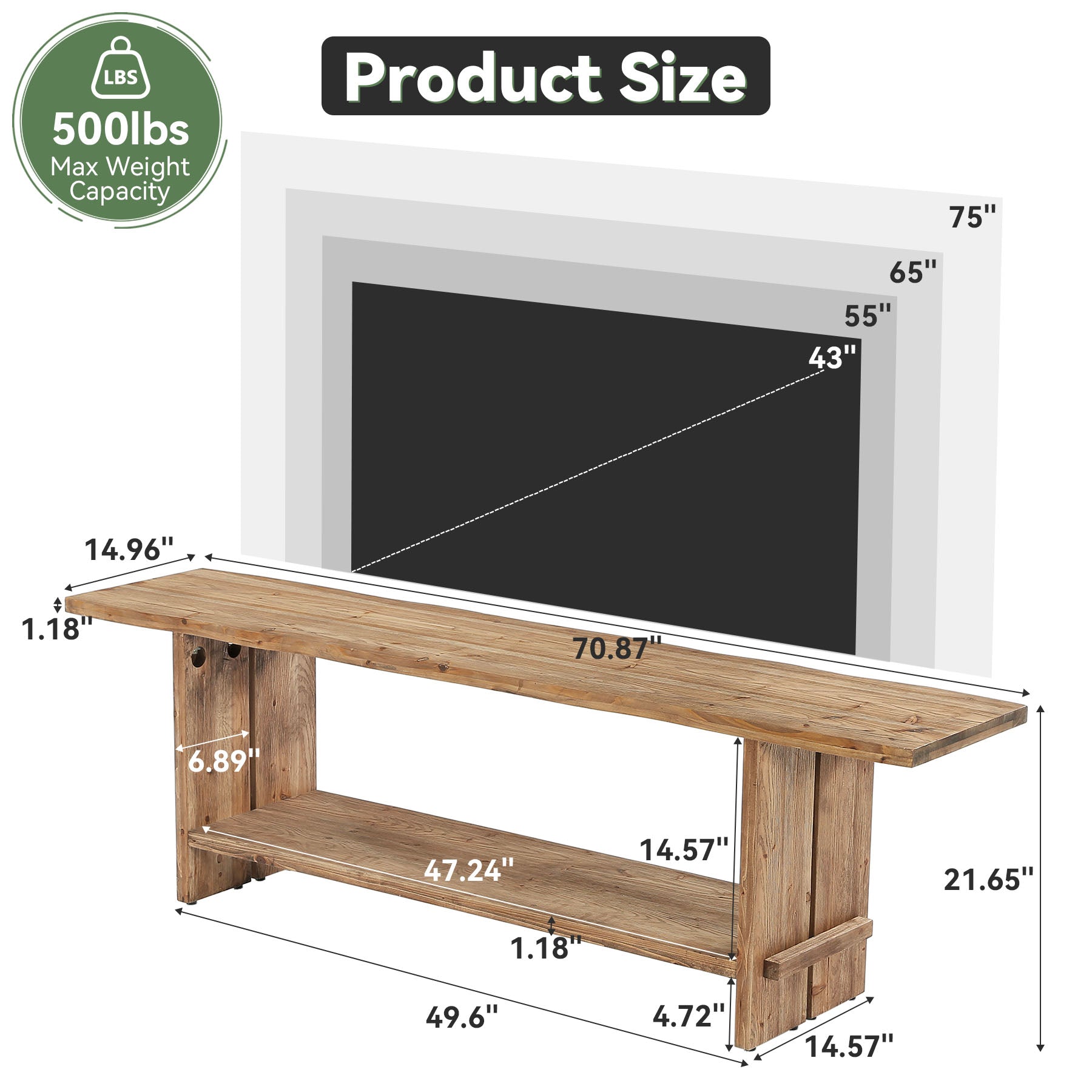 71" Solid Wood TV Stand for Up to 85" TV, Farmhouse Entertainment Center with Storage Shelf
