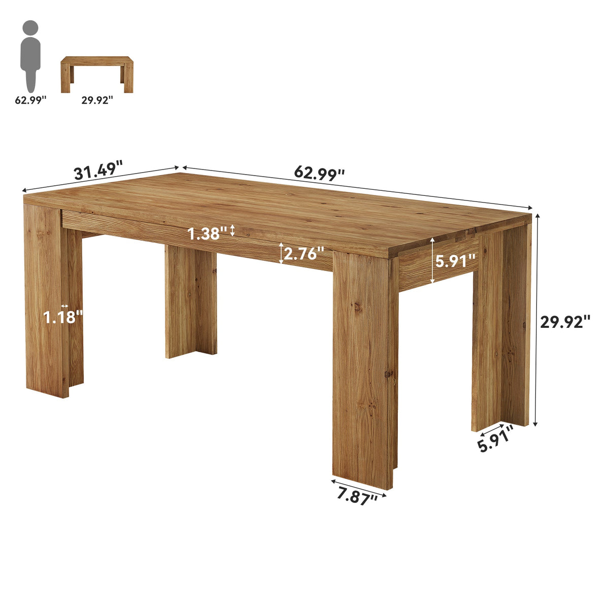 63" Solid Wood Executive Desk, Farmhouse Computer Desk with Large Tabletop for Home Office