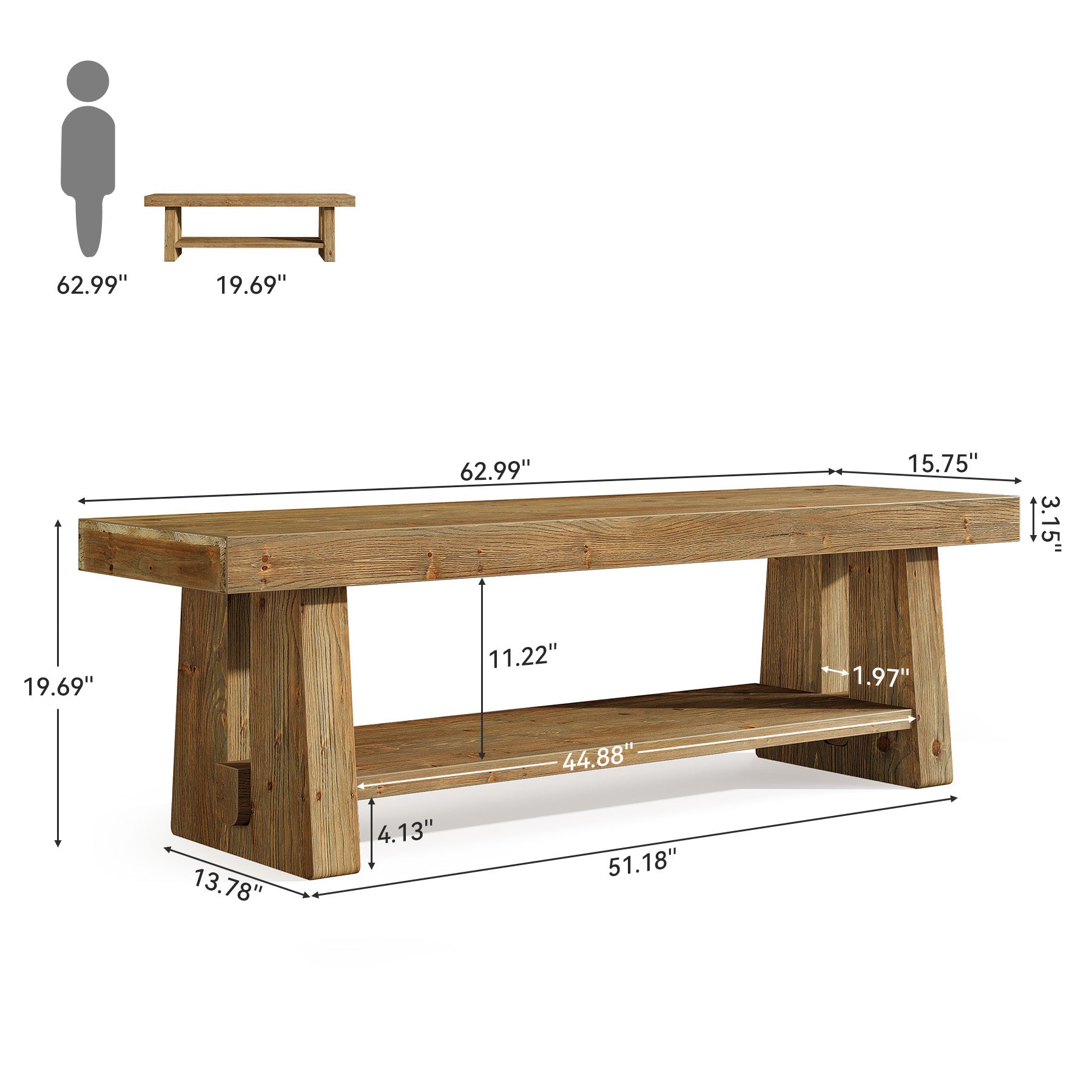 63" Solid Wood Entryway Bench, 2-Tier Shoe Storage Bench for Hallway