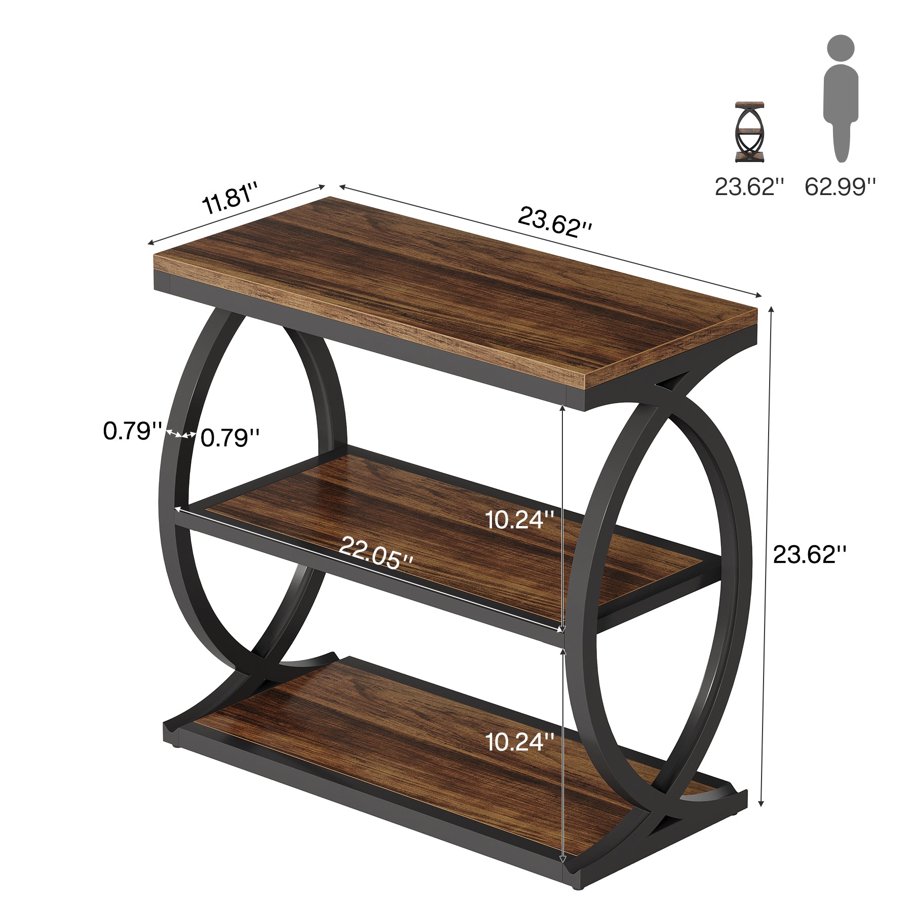 3-Tier End Table, Narrow Side Table Nightstand with Metal Frame