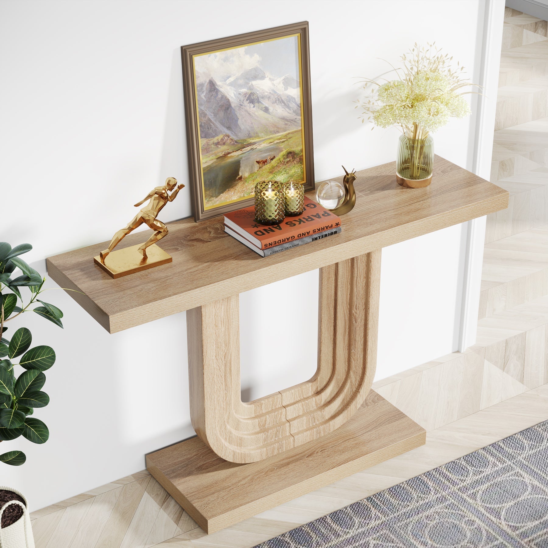 Farmhouse Console Table, 39" Wood Entryway Table with Geometric Base Tribesigns