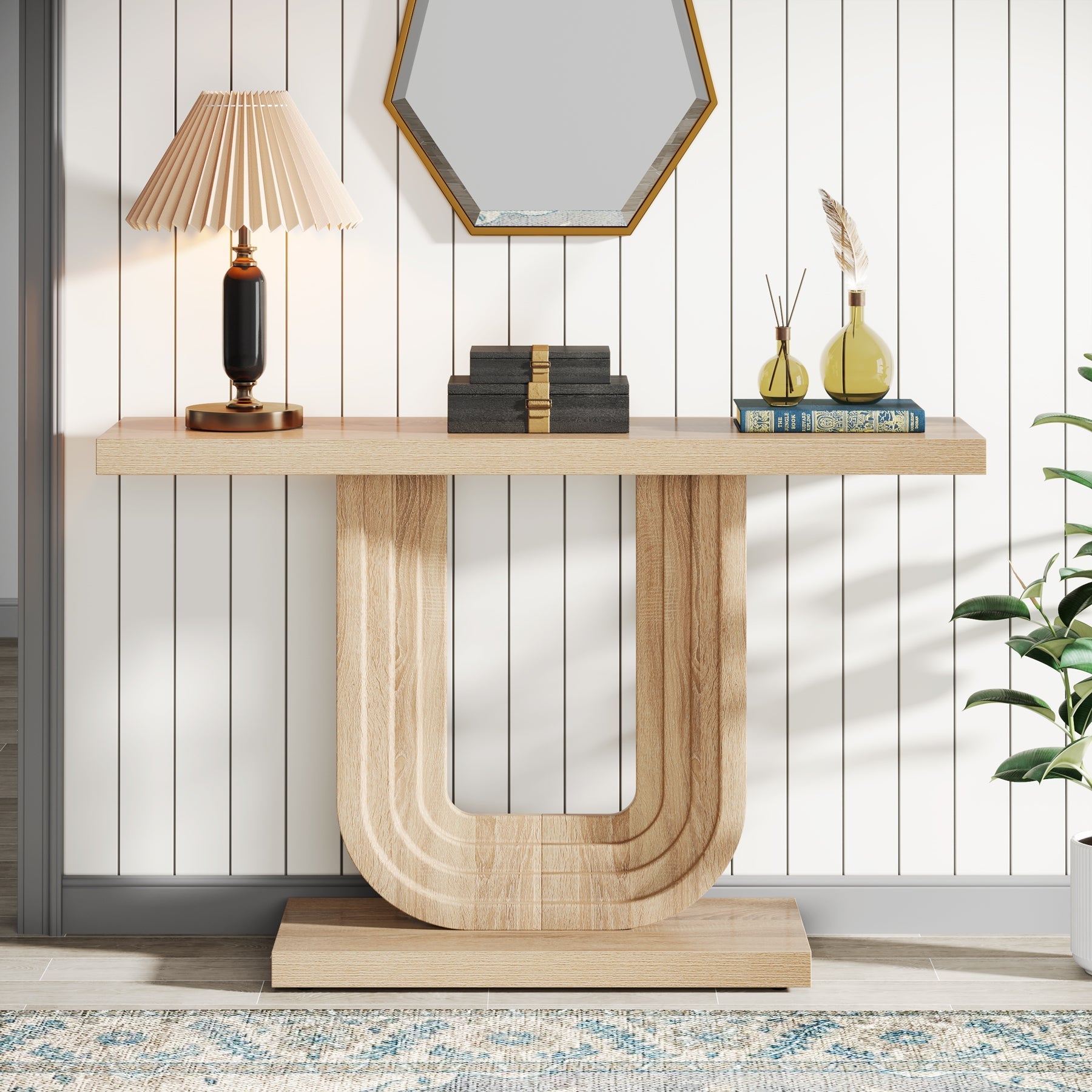 Farmhouse Console Table, 39" Wood Entryway Table with Geometric Base Tribesigns