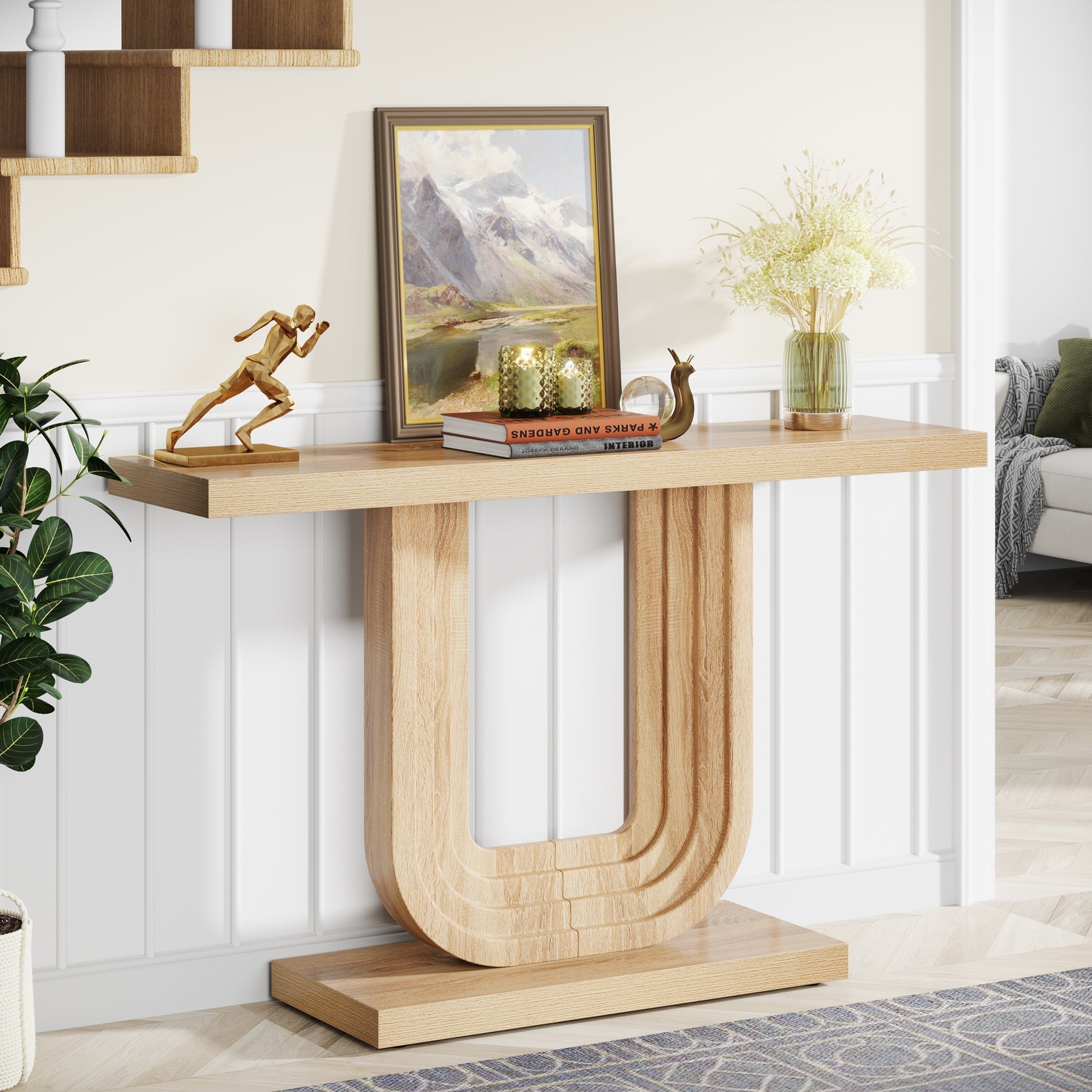 Farmhouse Console Table, 39" Wood Entryway Table with Geometric Base Tribesigns