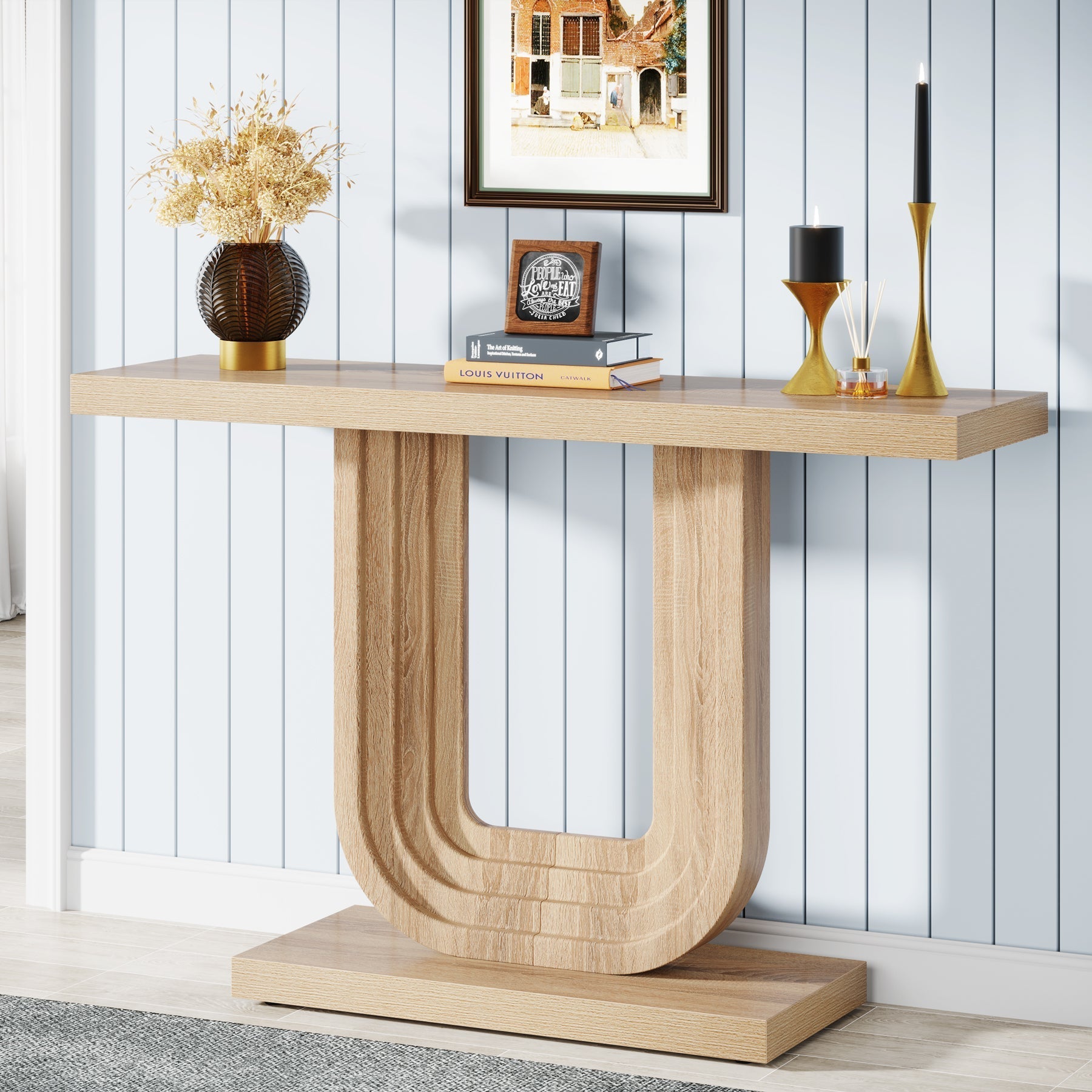 Farmhouse Console Table, 39" Wood Entryway Table with Geometric Base Tribesigns