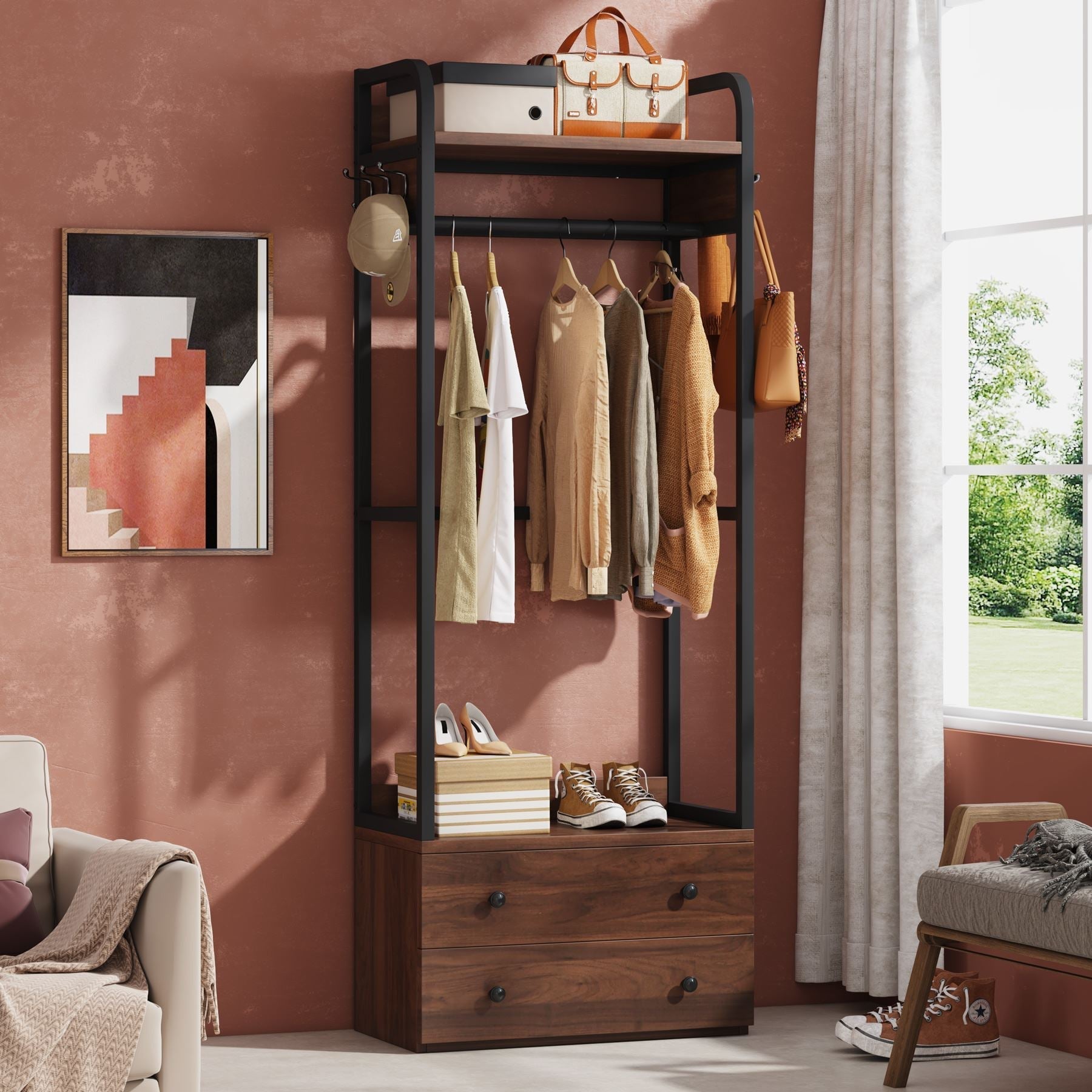 Freestanding Closet Organizer of Tribesigns in a bedroom corner, providing convenient storage for coats and accessories, enhancing the room's organization. 