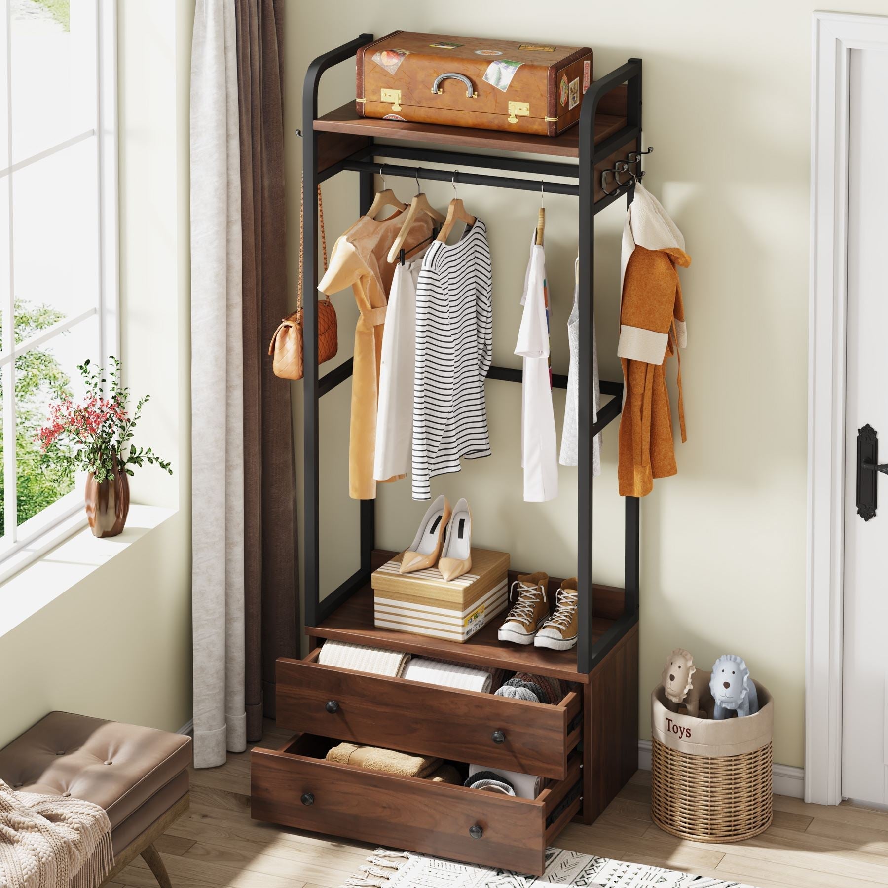 Top view of Tribesigns's Coat Rack with Drawers and Shelves, showing the capacity of the drawers.