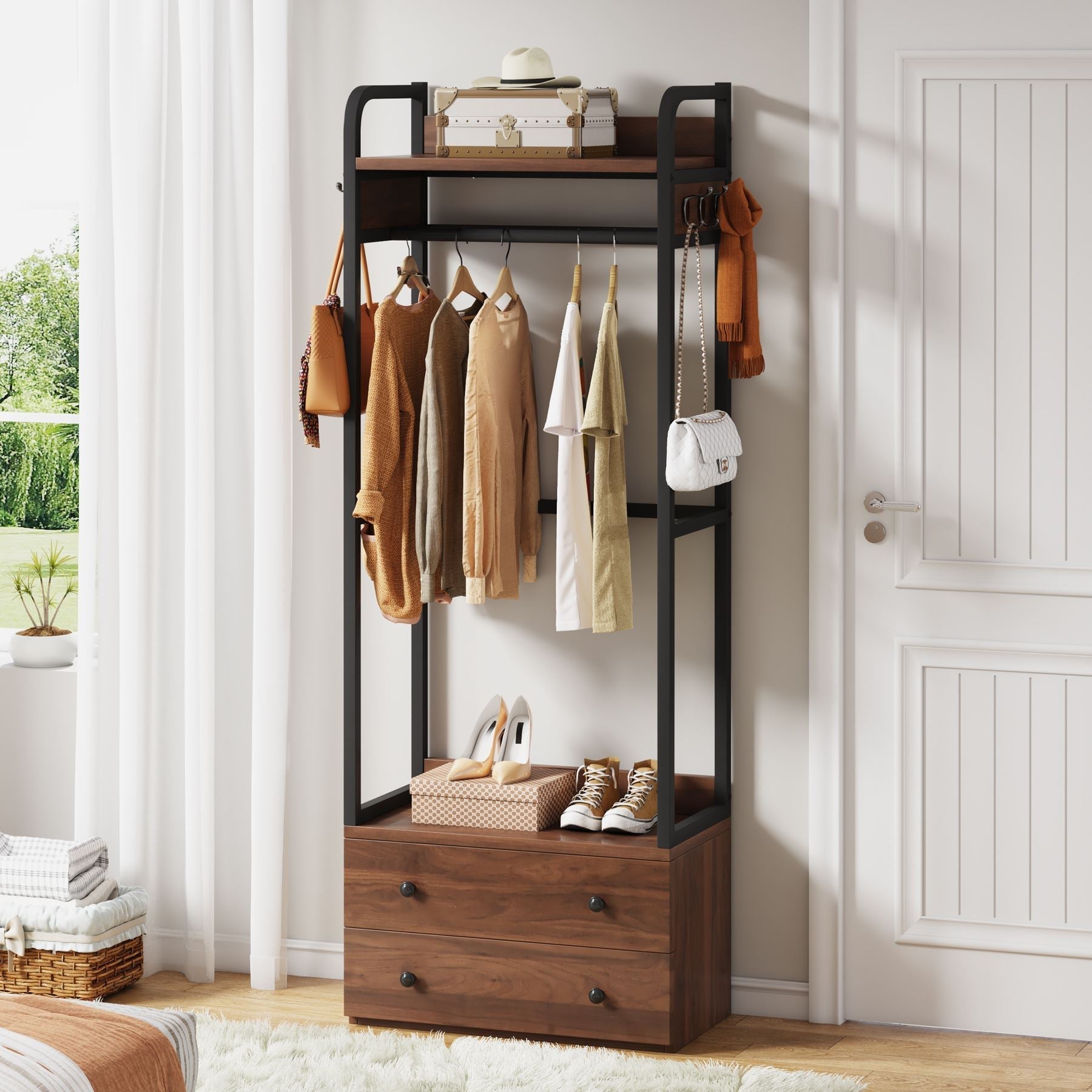 Hallway view of Tribesigns's Freestanding Closet Organizer, Coat Rack with Drawers and Shelves.