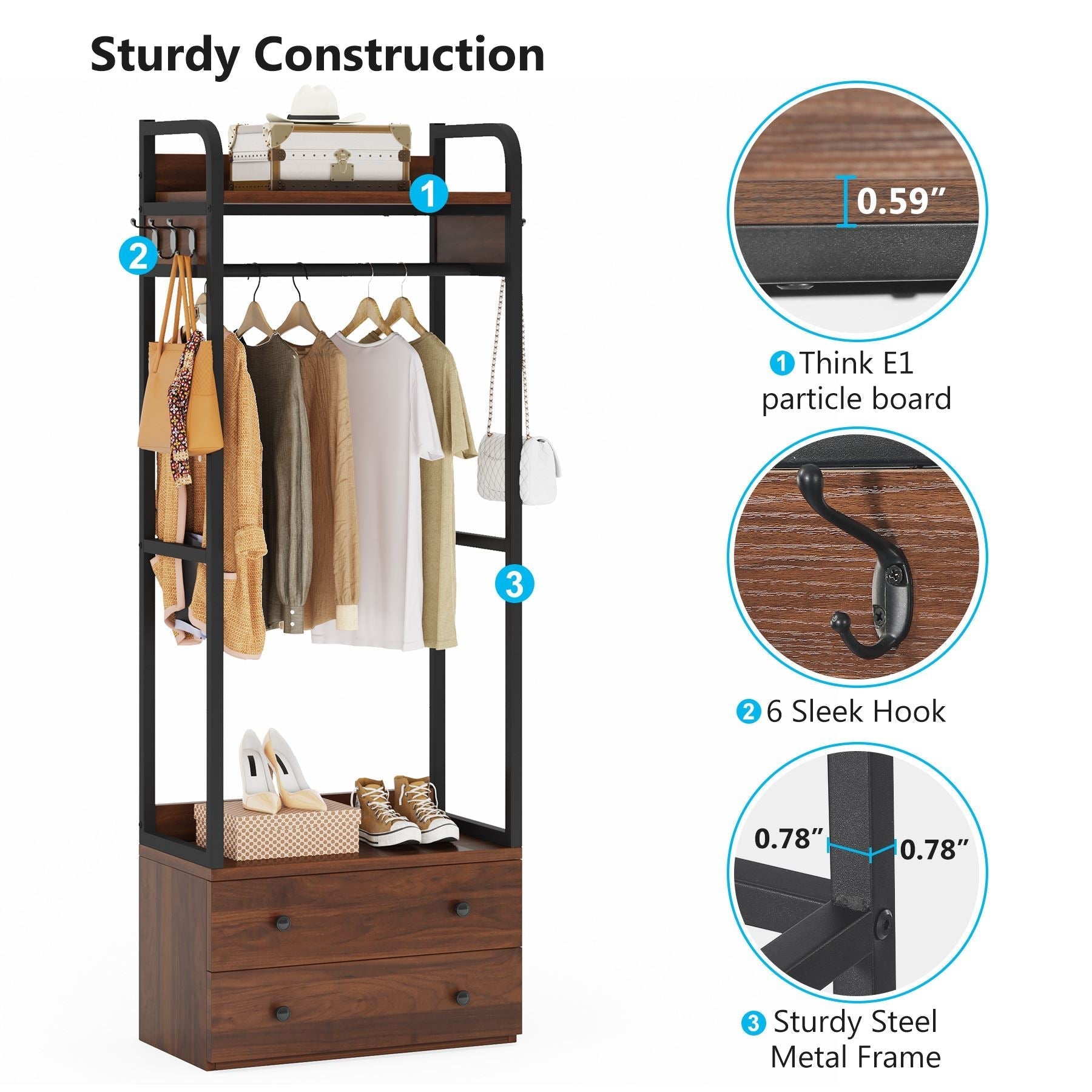 Close-up detail image of Tribesigns's Freestanding Closet Organizer, displays its thick particle board, six sleek hooks and sturdy steel metal frame.