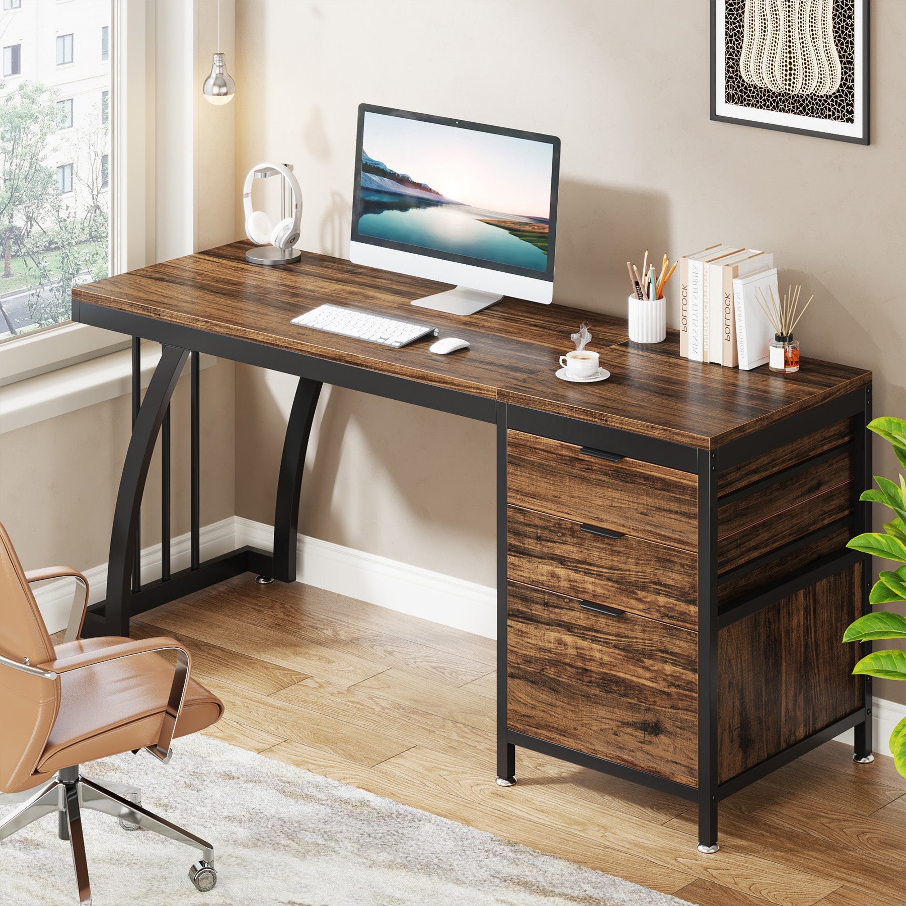 Industrial Computer Desk, 59" Study Desk with Reversible Drawer Cabinet Tribesigns