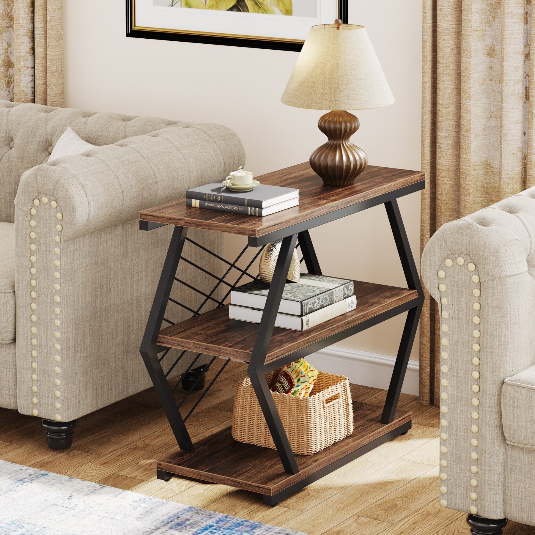 Industrial End Table Side Table with 3 Storage Shelves & Metal Frame Tribesigns