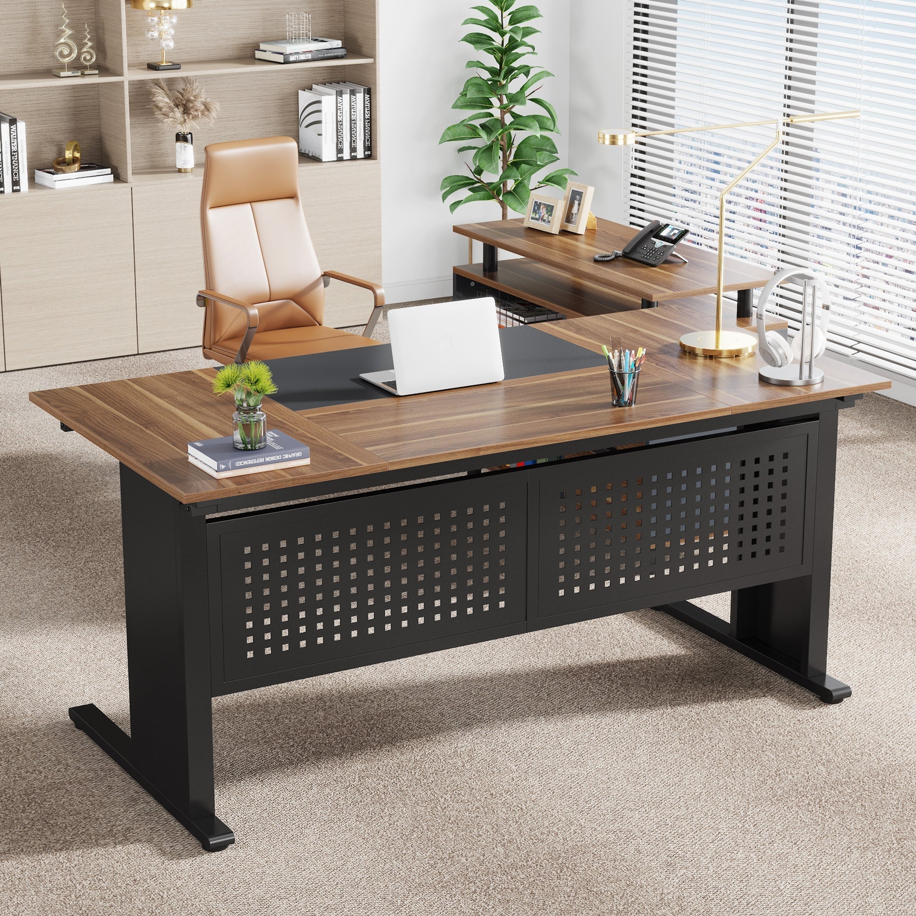 Industrial Black and Brown L - Shaped Desk with Drawer, 63" Computer Executive Desk with File Cabinet Tribesigns