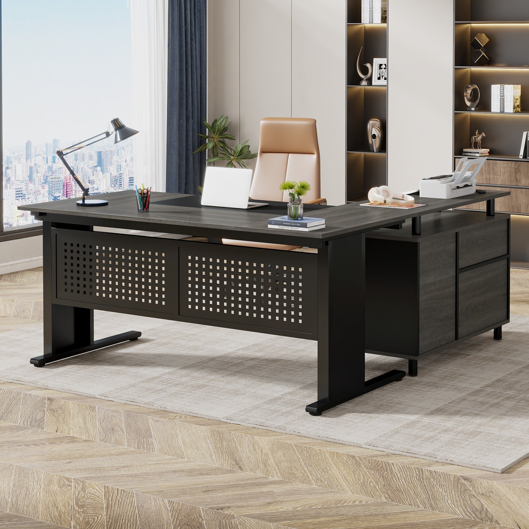 Industrial L - Shaped Desk, 63" Computer Executive Desk with File Cabinet Tribesigns