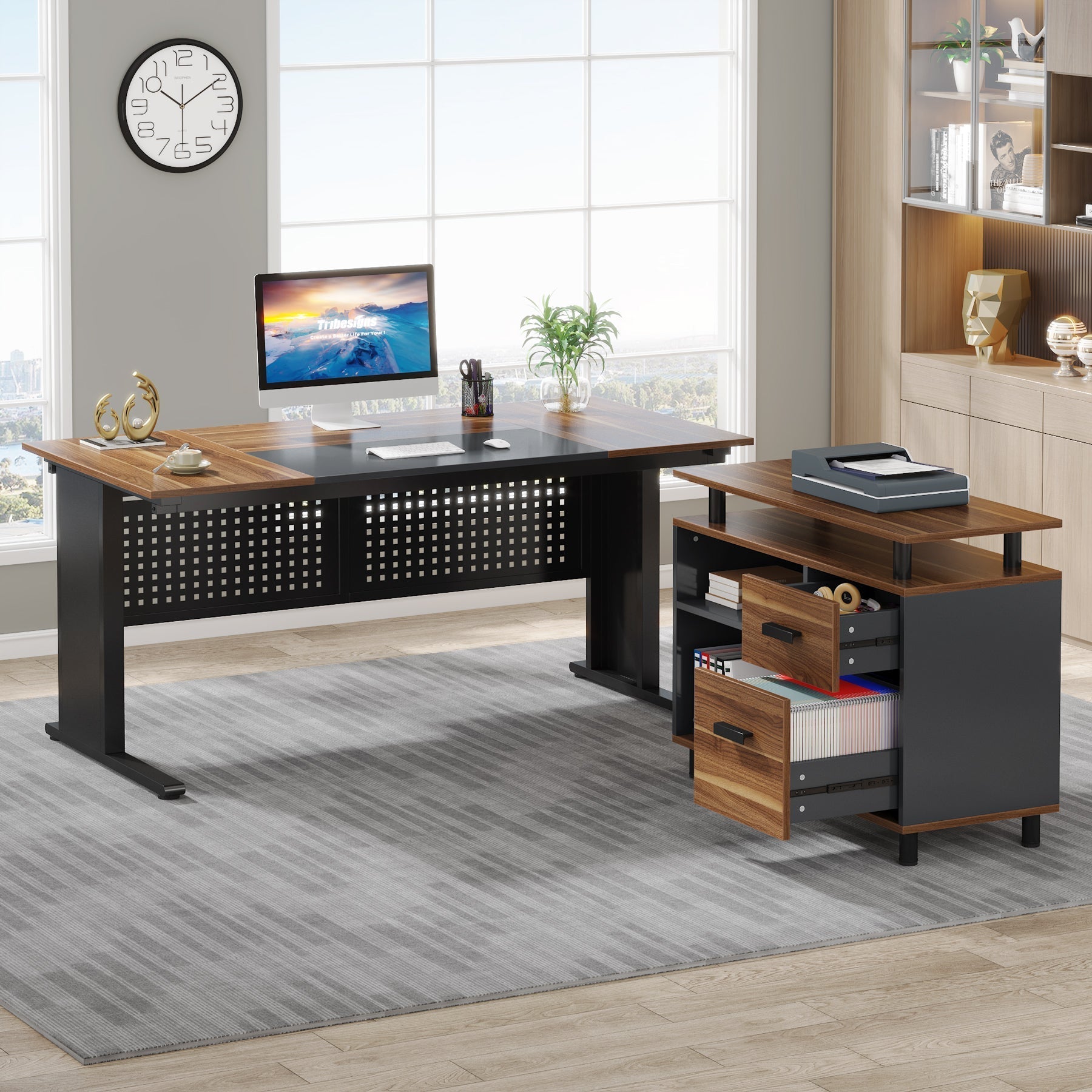 Industrial L - Shaped Desk, 63" Computer Executive Desk with File Cabinet Tribesigns