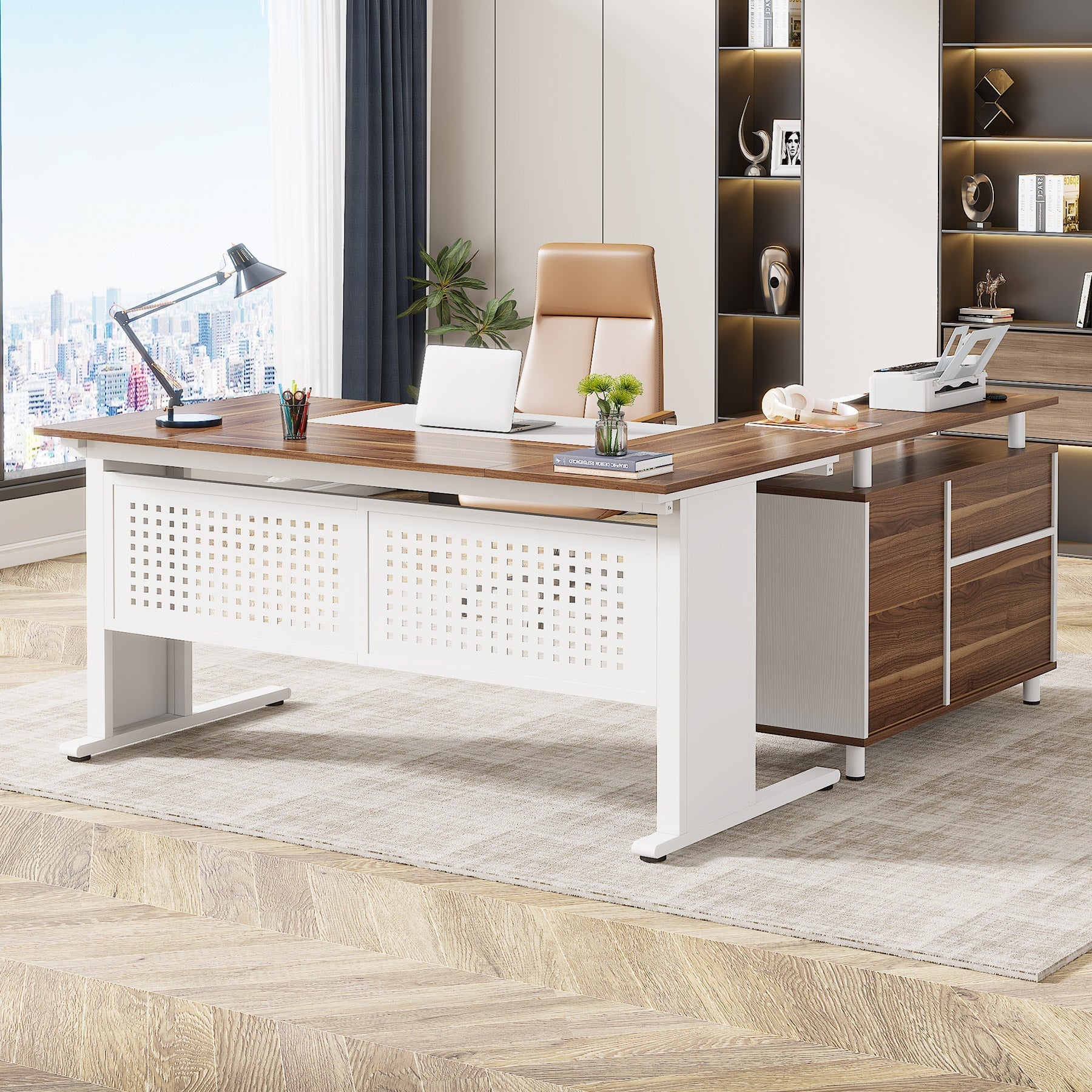 Industrial L - Shaped Desk, 63" Computer Executive Desk with File Cabinet Tribesigns