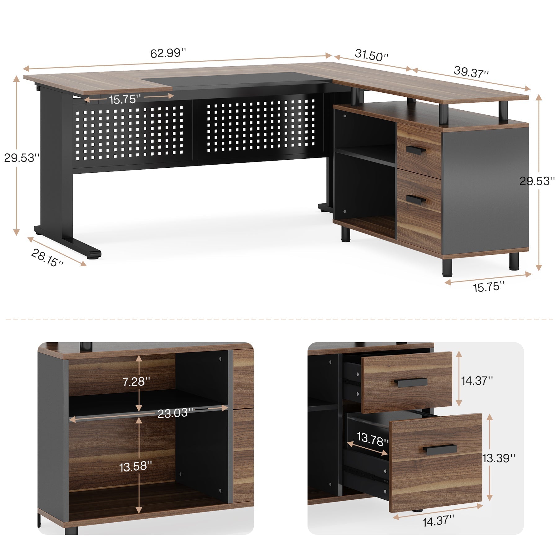 Industrial L - Shaped Desk, 63" Computer Executive Desk with File Cabinet Tribesigns