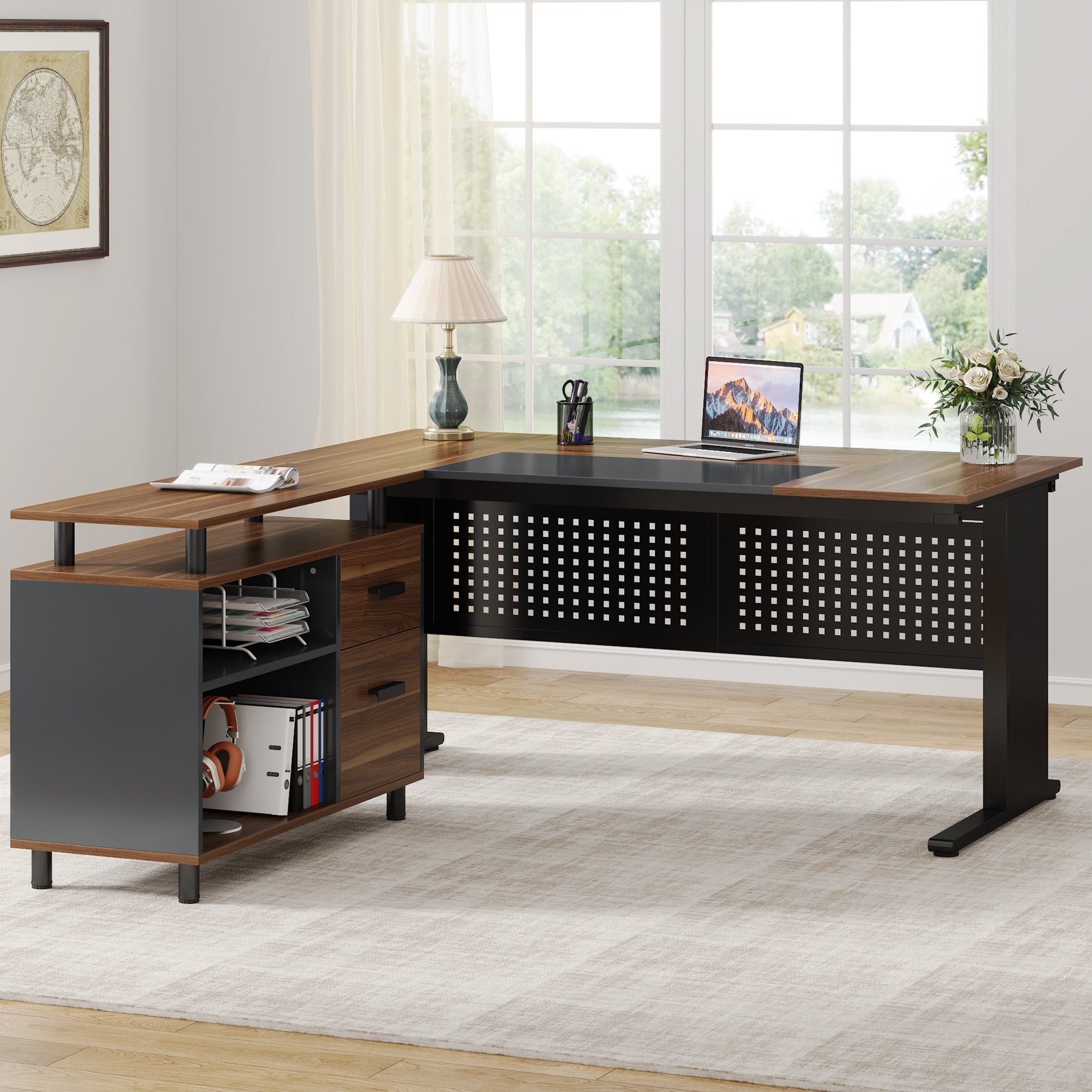 Industrial L - Shaped Desk, 63" Computer Executive Desk with File Cabinet Tribesigns