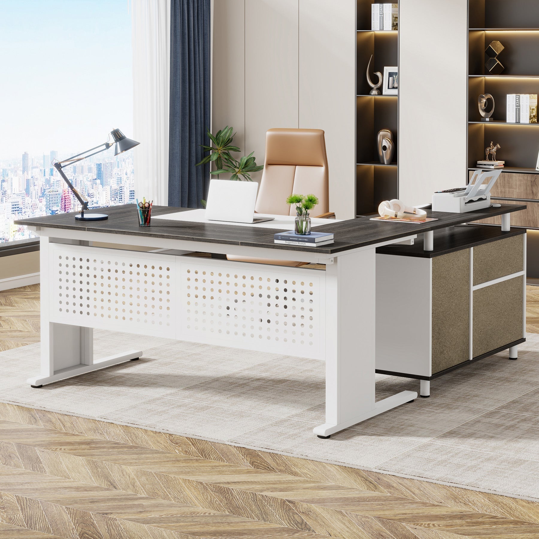 Industrial L - Shaped Desk, 63" Computer Executive Desk with File Cabinet Tribesigns