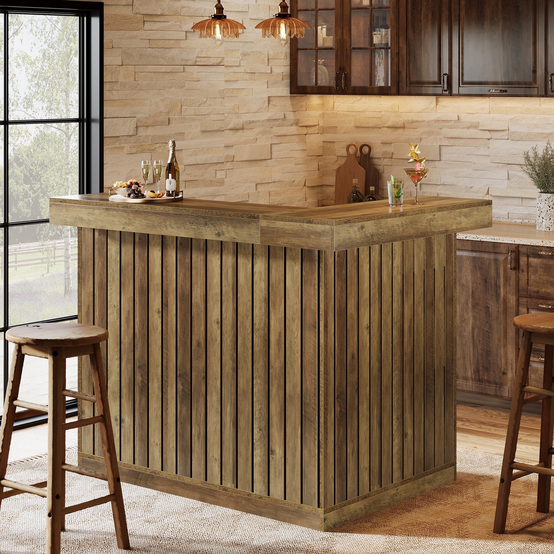 L - Shaped Bar Unit, 4 - Tier Corner Liquor Bar Table with Storage Shelves Tribesigns