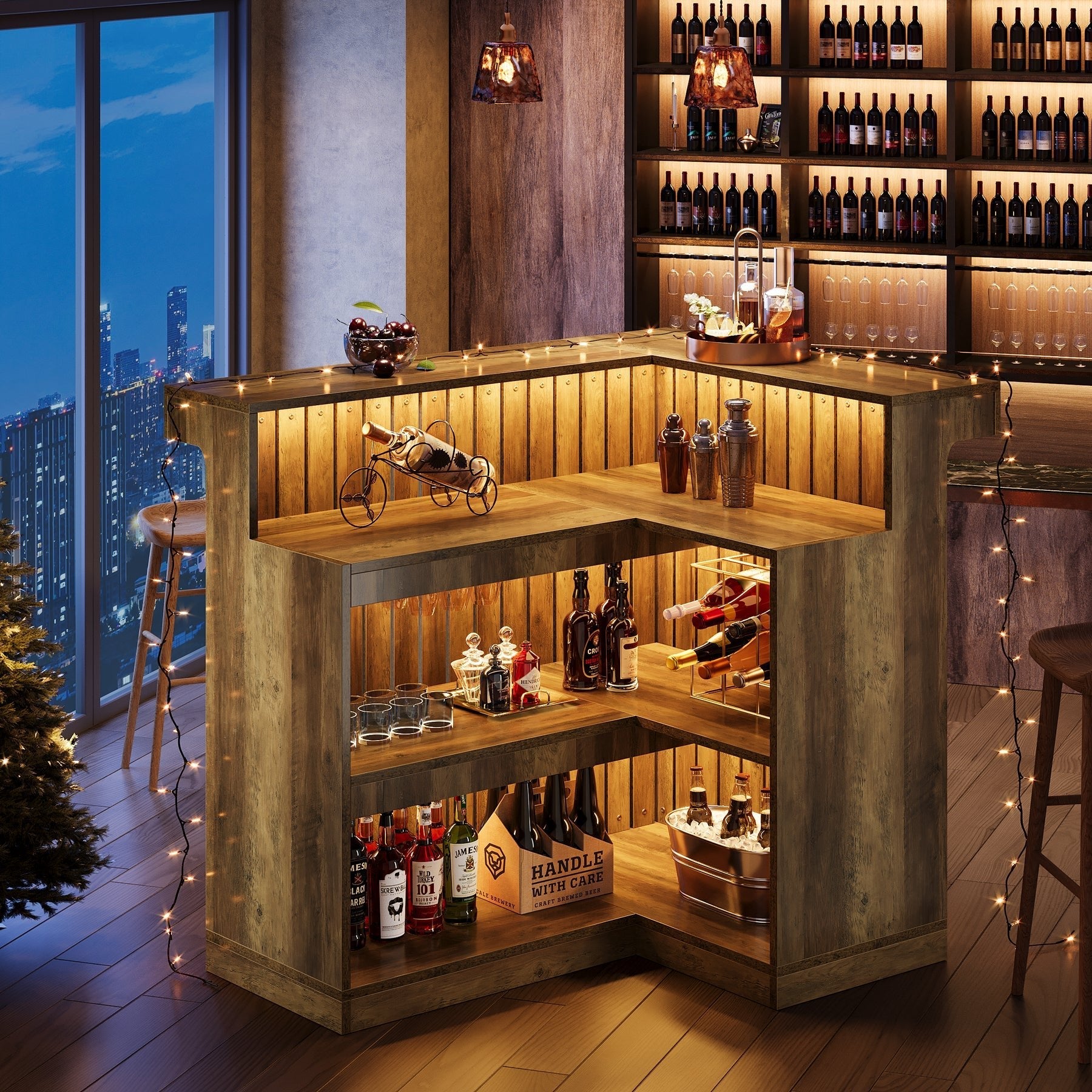 L - Shaped Bar Unit, 4 - Tier Corner Liquor Bar Table with Storage Shelves Tribesigns