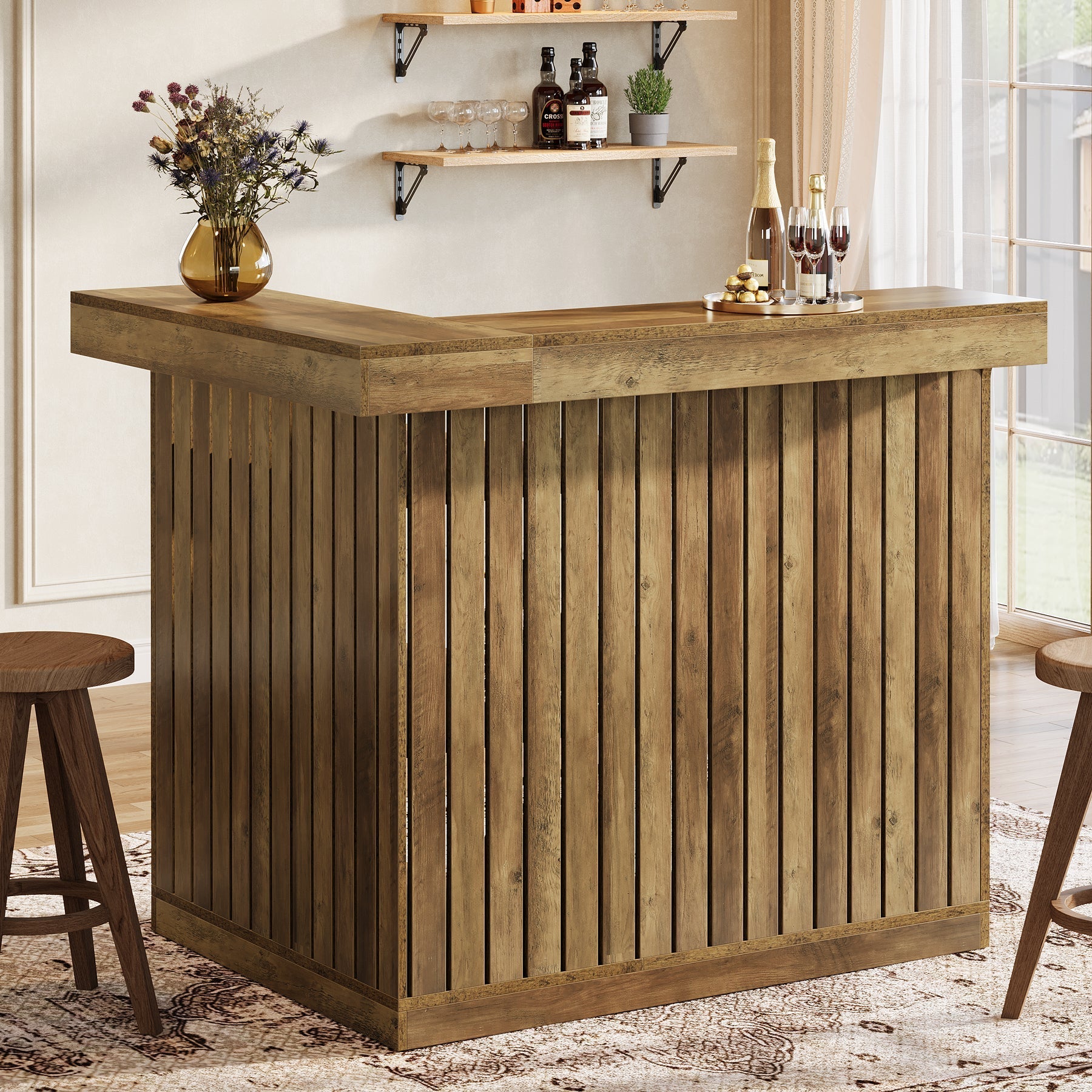 L - Shaped Bar Unit, 4 - Tier Corner Liquor Bar Table with Storage Shelves Tribesigns