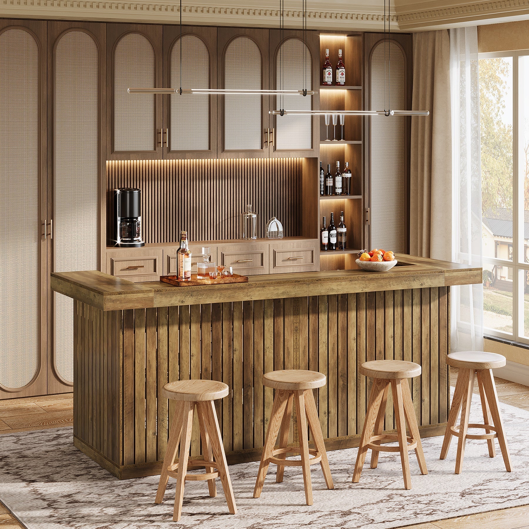 L - Shaped Bar Unit, 4 - Tier Corner Liquor Bar Table with Storage Shelves Tribesigns