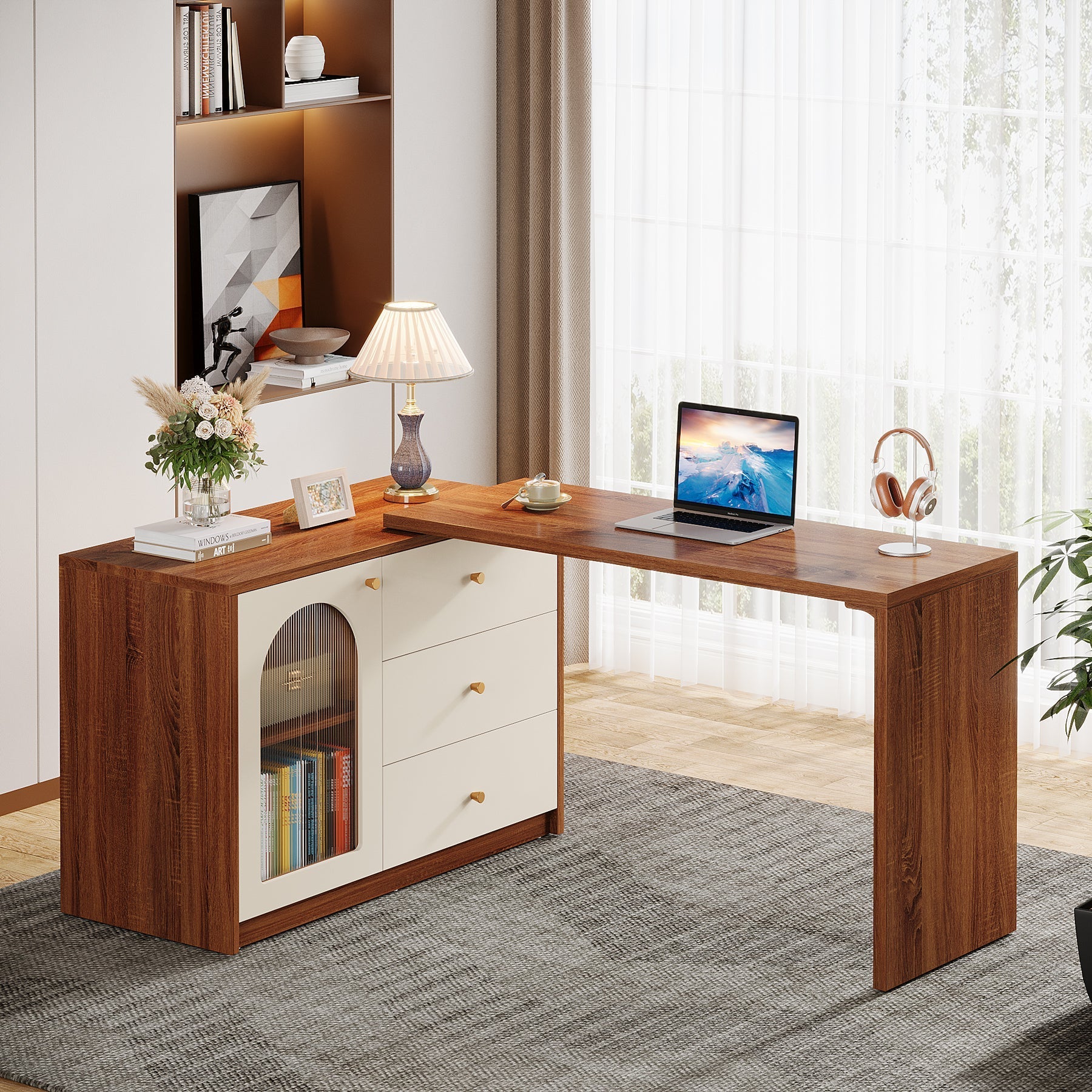L - Shaped Computer Desk, Corner Office Desk with Reversible Storage Cabinet Tribesigns